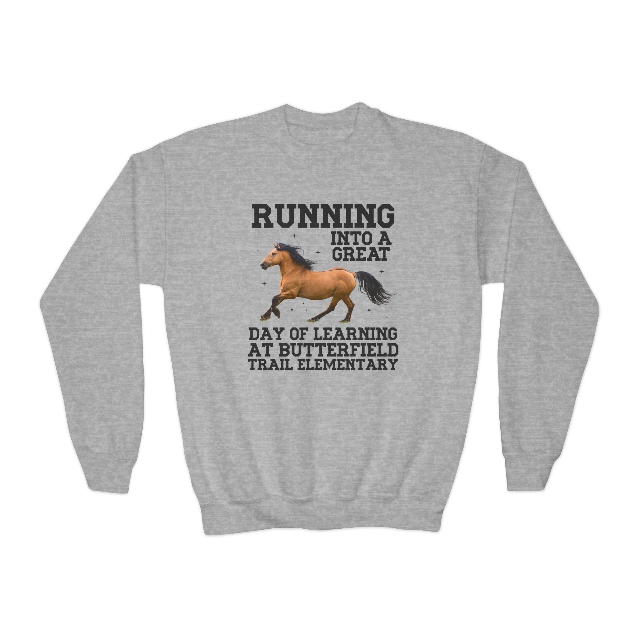 Butterfield Trail Elementary School Kids Sweatshirt: Running Into a Great Day of Learning | FPS + Opal and June Kids Sweatshirt, Fayetteville Public Schools - Opal and June