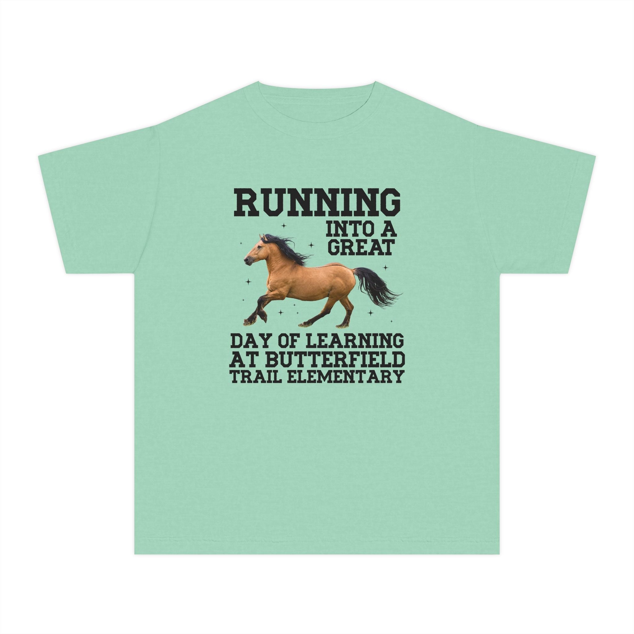 Butterfield Trail Elementary School Kids Tee Shirt: Running Into a Great Day of Learning | FPS + Opal and June Kids Tee Shirt, Fayetteville Public Schools - Opal and June