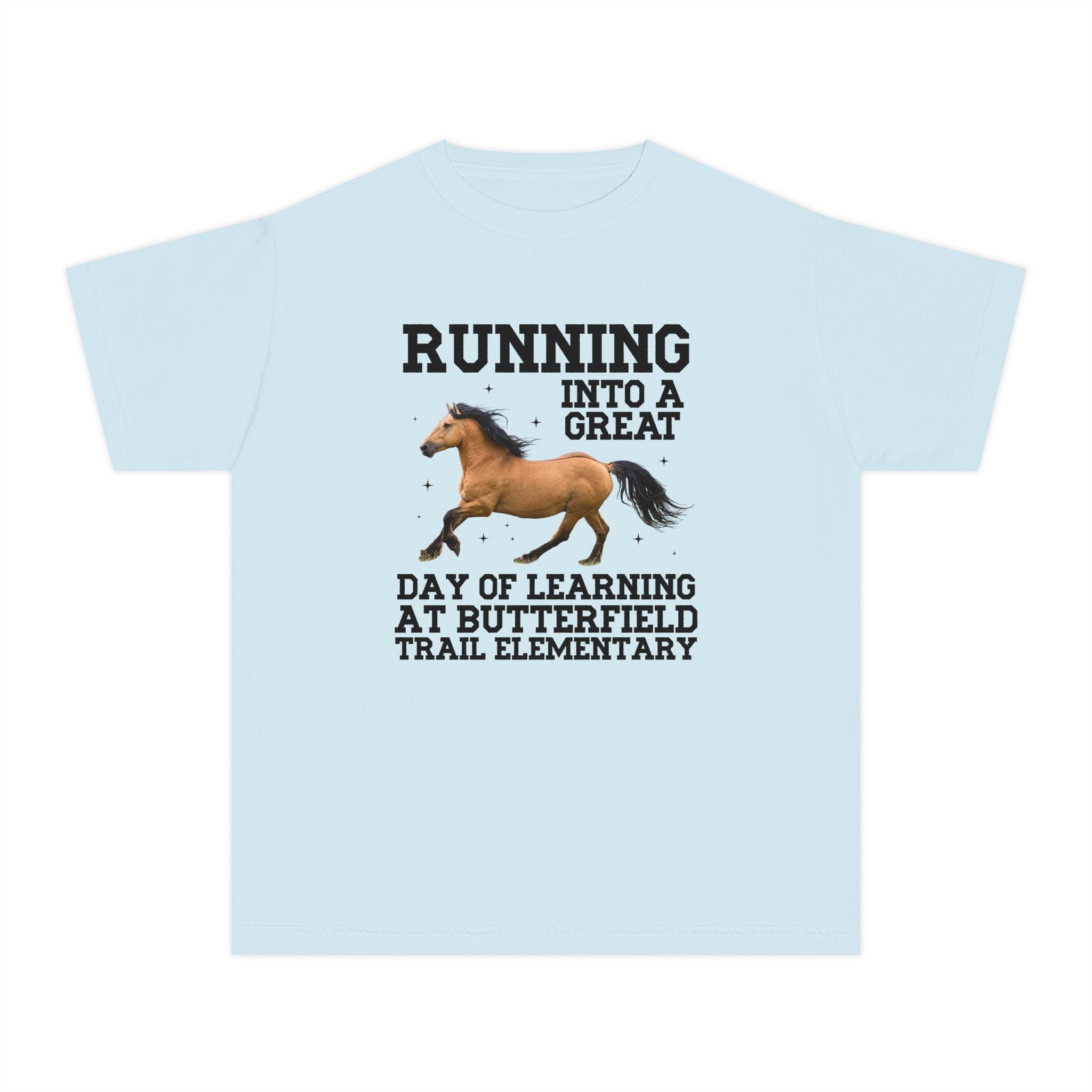 Butterfield Trail Elementary School Kids Tee Shirt: Running Into a Great Day of Learning | FPS + Opal and June Kids Tee Shirt, Fayetteville Public Schools - Opal and June