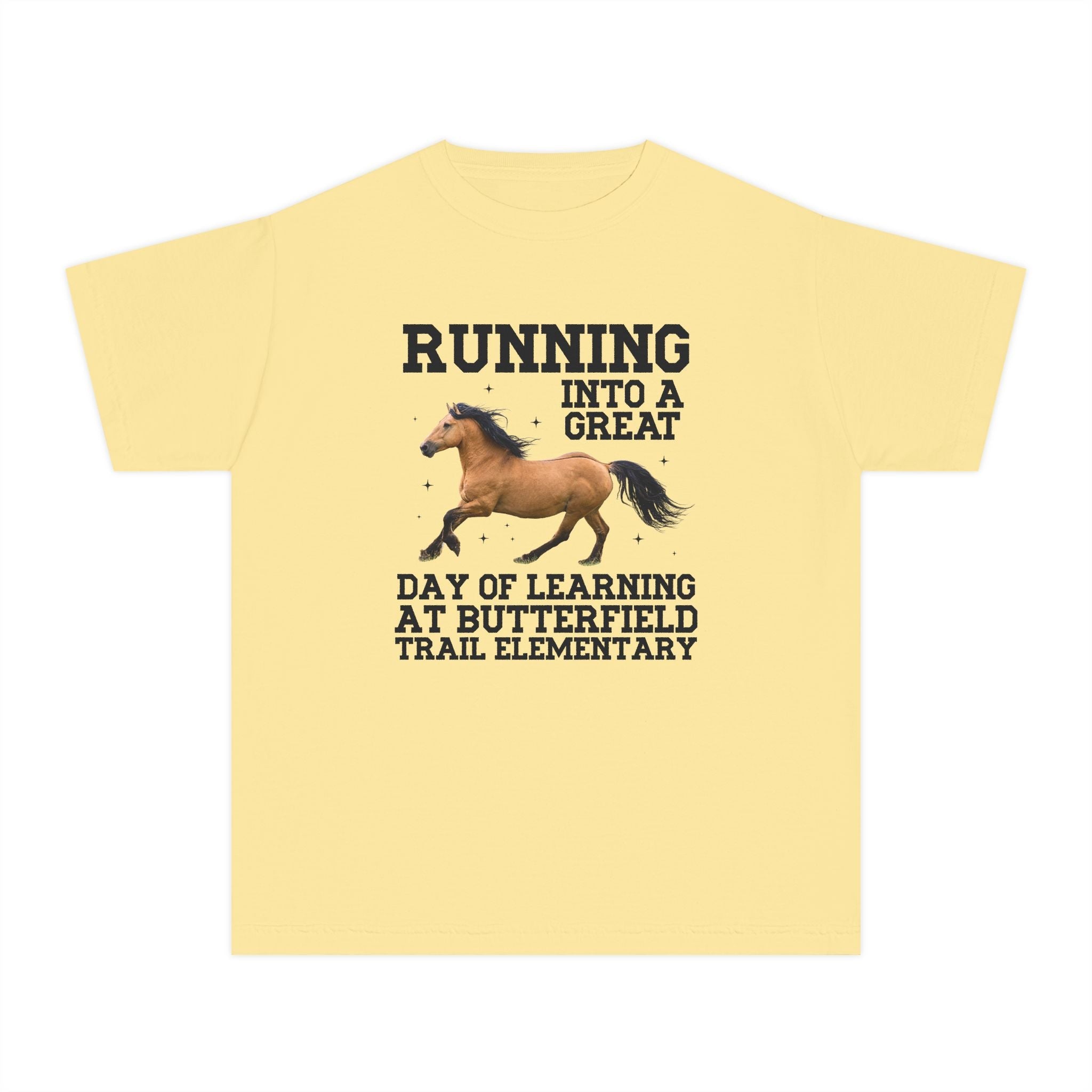 Butterfield Trail Elementary School Kids Tee Shirt: Running Into a Great Day of Learning | FPS + Opal and June Kids Tee Shirt, Fayetteville Public Schools - Opal and June