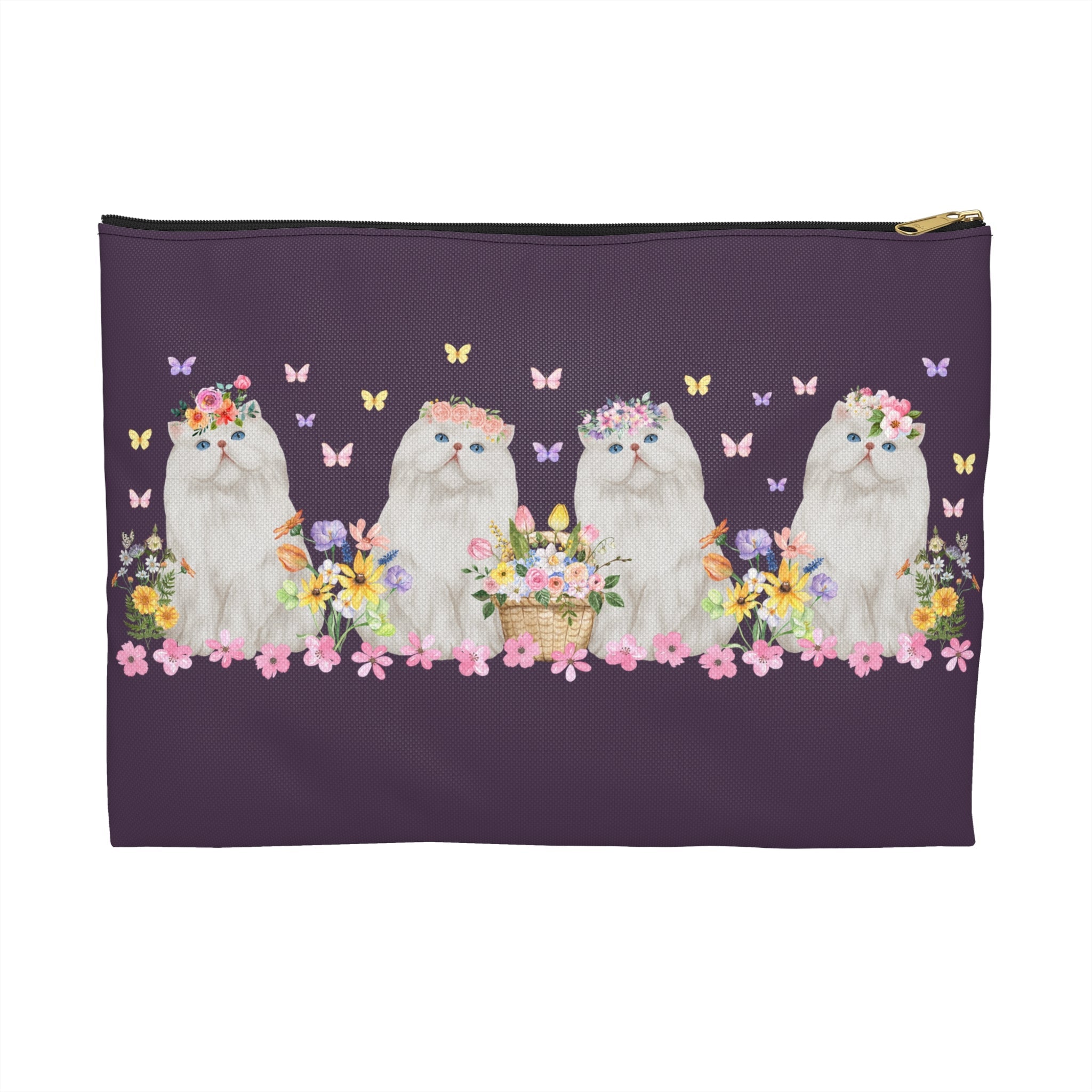 Cat Lover Gift, Cat Mom: Floral Cottagecore Accessory Pouch with Flowers, Boho Butterflies, Silly Whimsigoth Bag with Zipper, Animal Lover - Opal and June