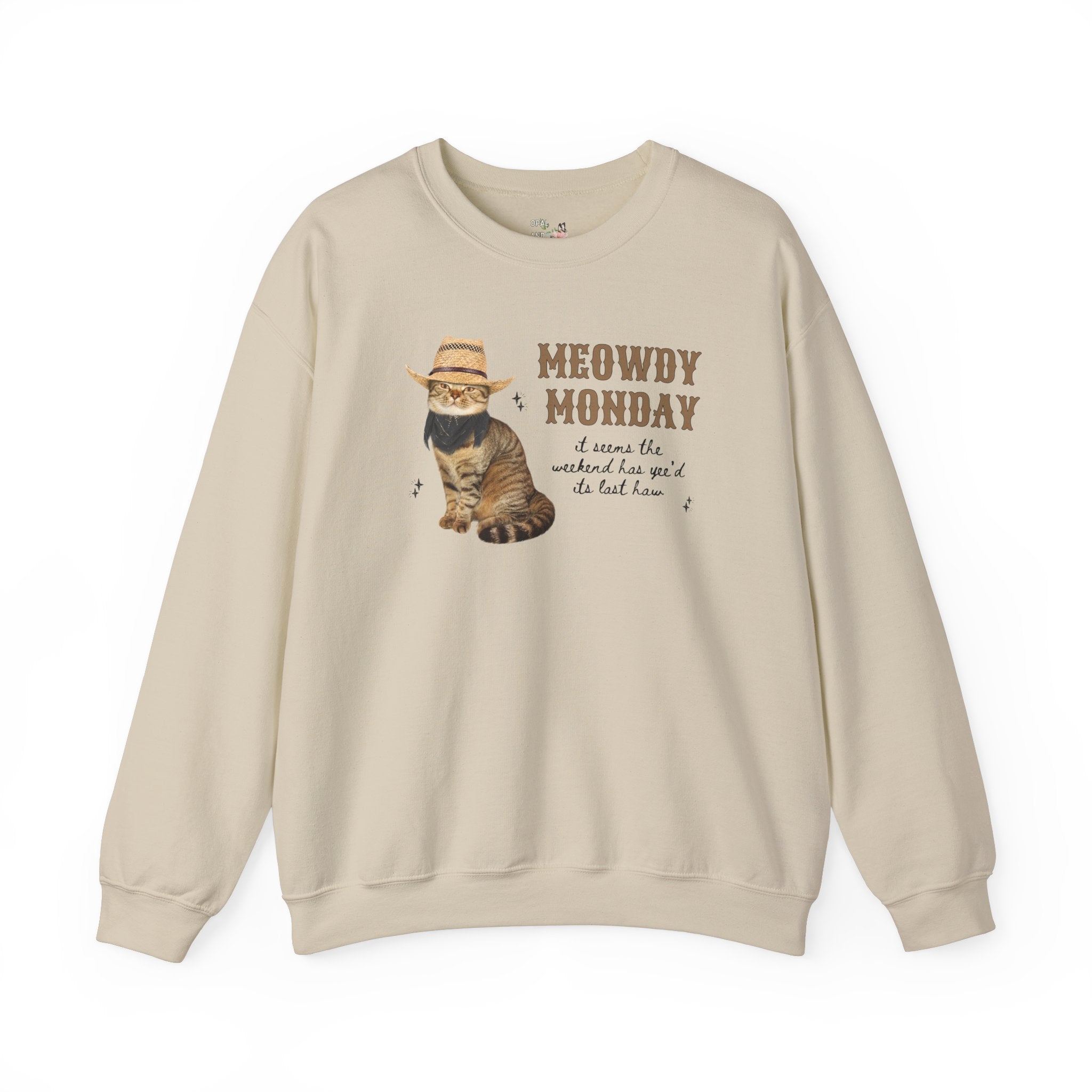 Cat Lover Sweatshirt with Groovy Western Vibes: Meowdy Monday, Silly Country Rodeo Cat Mom or Cat Dad Crewneck with Stars, Gift for Daughter - Opal and June