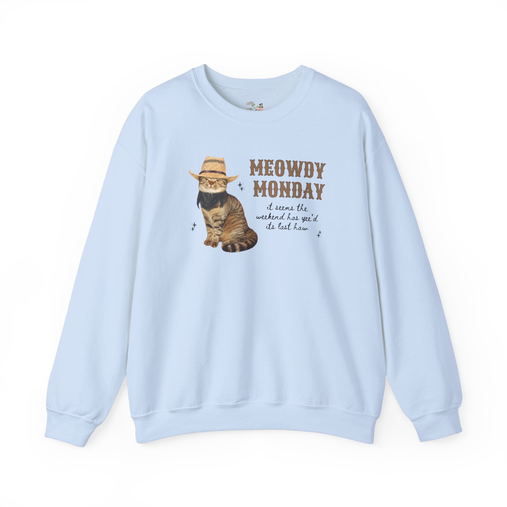Cat Lover Sweatshirt with Groovy Western Vibes: Meowdy Monday, Silly Country Rodeo Cat Mom or Cat Dad Crewneck with Stars, Gift for Daughter - Opal and June
