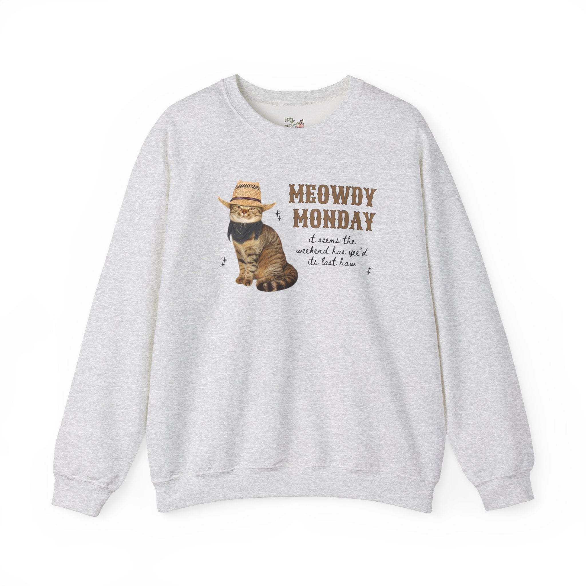 Cat Lover Sweatshirt with Groovy Western Vibes: Meowdy Monday, Silly Country Rodeo Cat Mom or Cat Dad Crewneck with Stars, Gift for Daughter - Opal and June