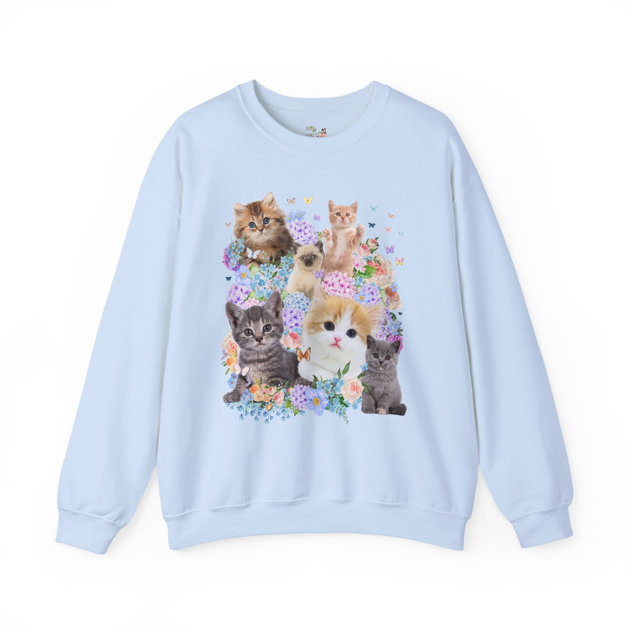 Cat Lover Sweatshirt with Hydrangea Flowers and Butterflies, Funny Nineties Throwback Crewneck, Cat Mom or Cat Dad, Silly Animal Lover Shirt - Opal and June