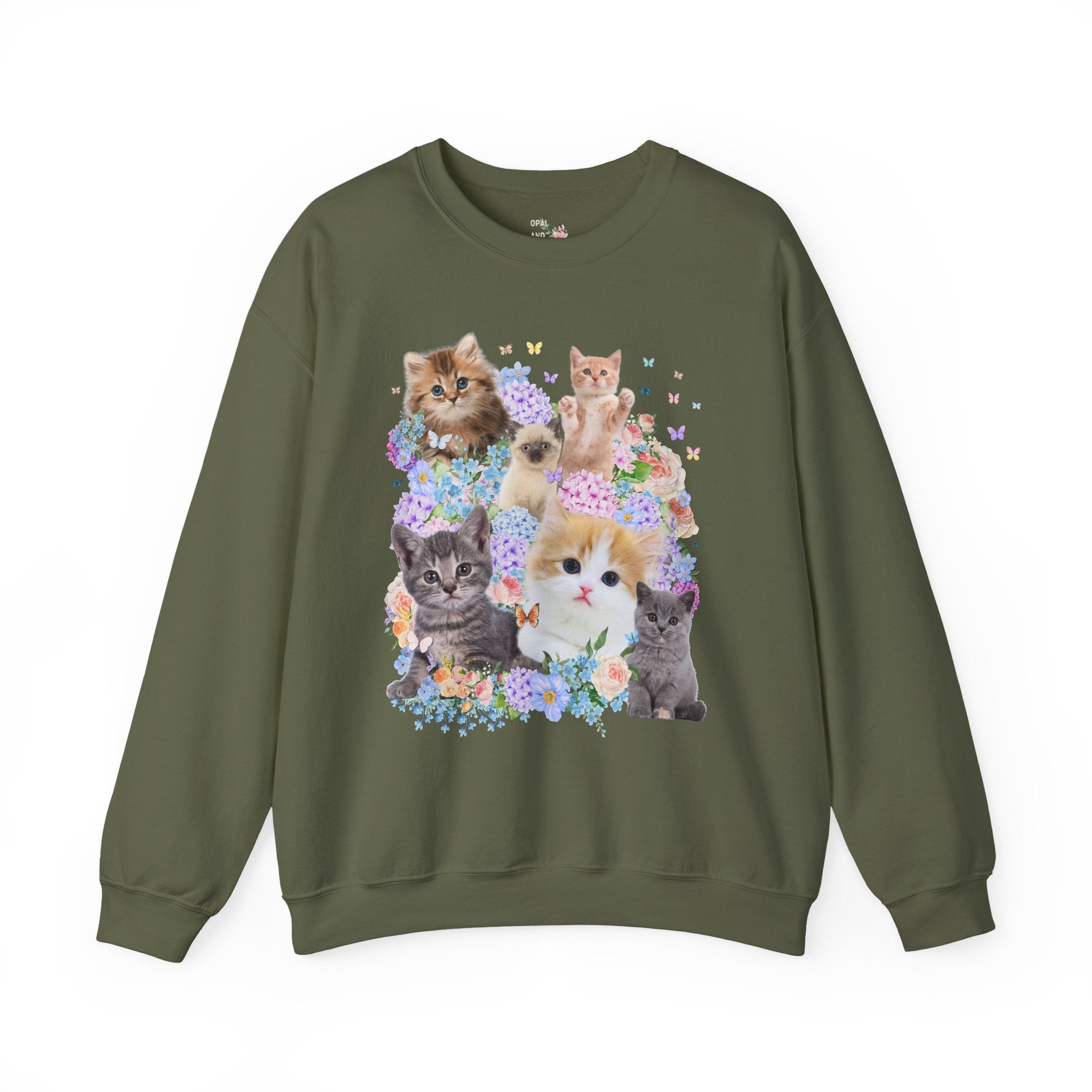 Cat Lover Sweatshirt with Hydrangea Flowers and Butterflies, Funny Nineties Throwback Crewneck, Cat Mom or Cat Dad, Silly Animal Lover Shirt - Opal and June