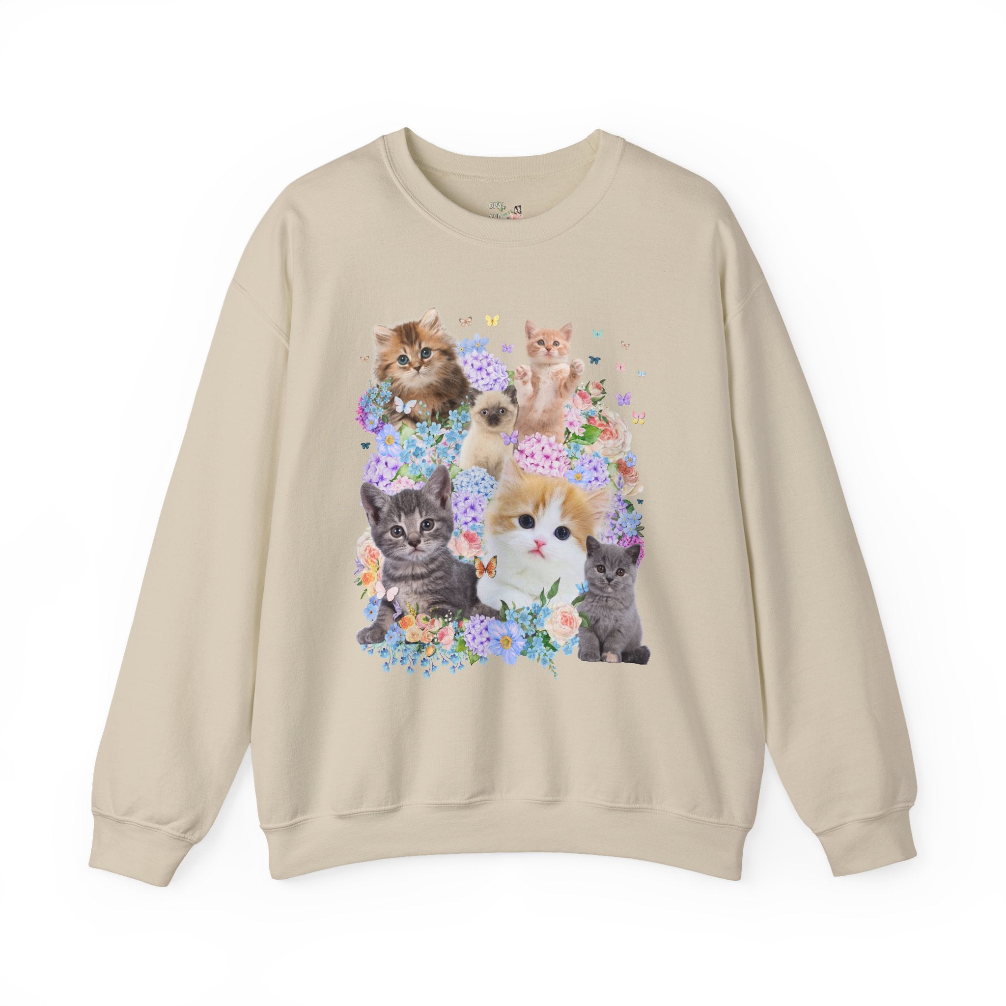 Cat Lover Sweatshirt with Hydrangea Flowers and Butterflies, Funny Nineties Throwback Crewneck, Cat Mom or Cat Dad, Silly Animal Lover Shirt - Opal and June