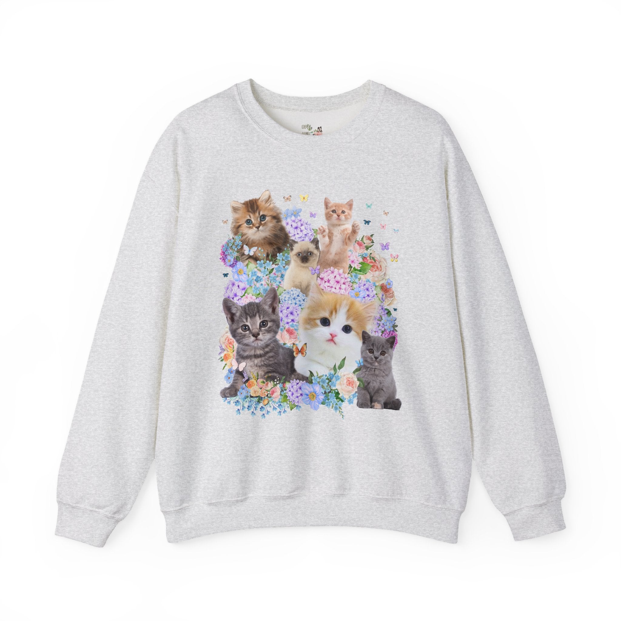 Cat Lover Sweatshirt with Hydrangea Flowers and Butterflies, Funny Nineties Throwback Crewneck, Cat Mom or Cat Dad, Silly Animal Lover Shirt - Opal and June