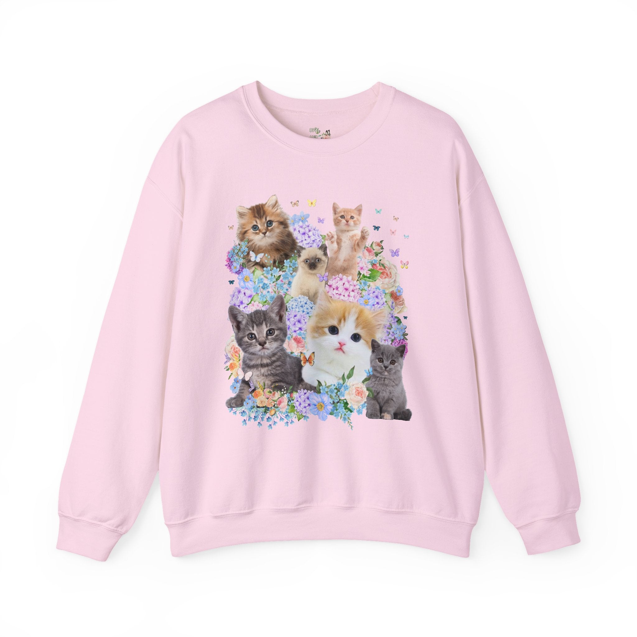 Cat Lover Sweatshirt with Hydrangea Flowers and Butterflies, Funny Nineties Throwback Crewneck, Cat Mom or Cat Dad, Silly Animal Lover Shirt - Opal and June
