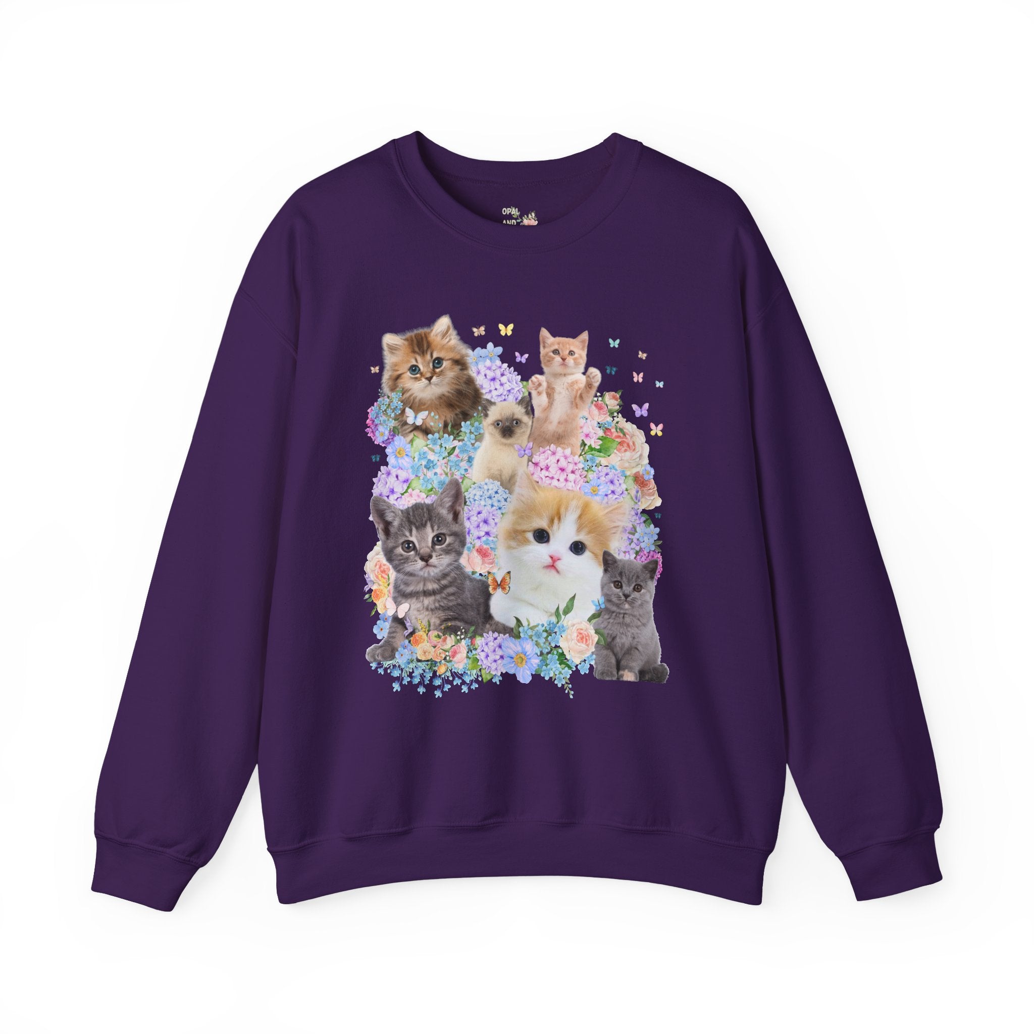 Cat Lover Sweatshirt with Hydrangea Flowers and Butterflies, Funny Nineties Throwback Crewneck, Cat Mom or Cat Dad, Silly Animal Lover Shirt - Opal and June