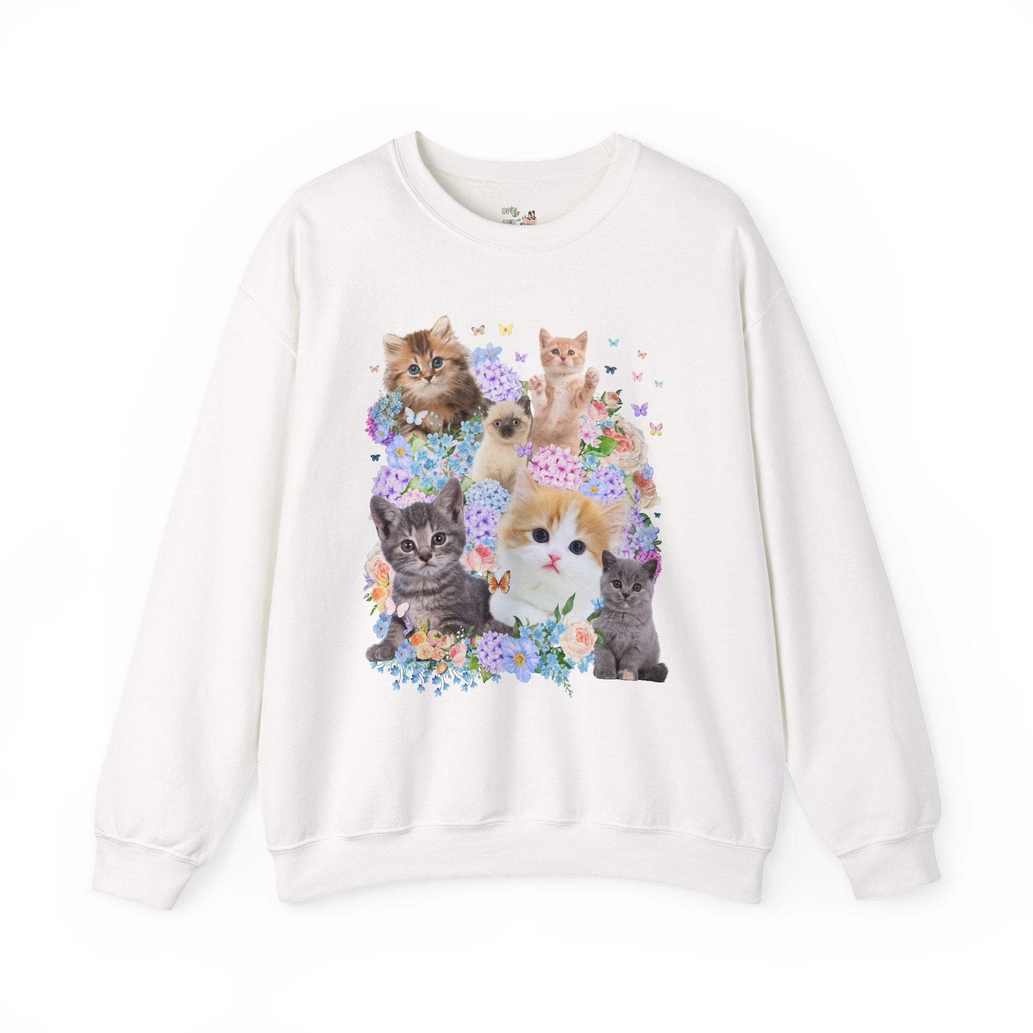 Cat Lover Sweatshirt with Hydrangea Flowers and Butterflies, Funny Nineties Throwback Crewneck, Cat Mom or Cat Dad, Silly Animal Lover Shirt - Opal and June