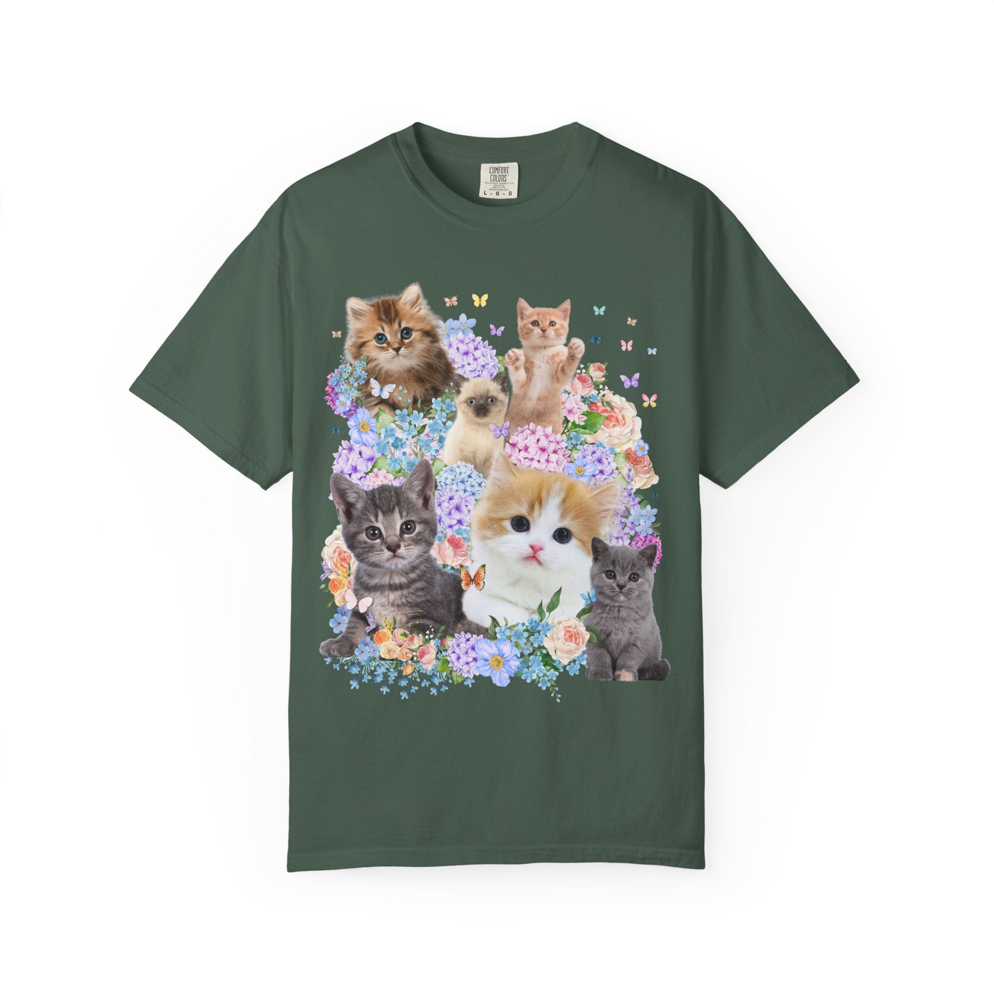 Cat Lover Tee Shirt with Hydrangea Flowers and Butterflies, Funny Nineties Throwback T-Shirt for Cat Mom or Cat Dad, Silly Animal Lover Tee - Opal and June