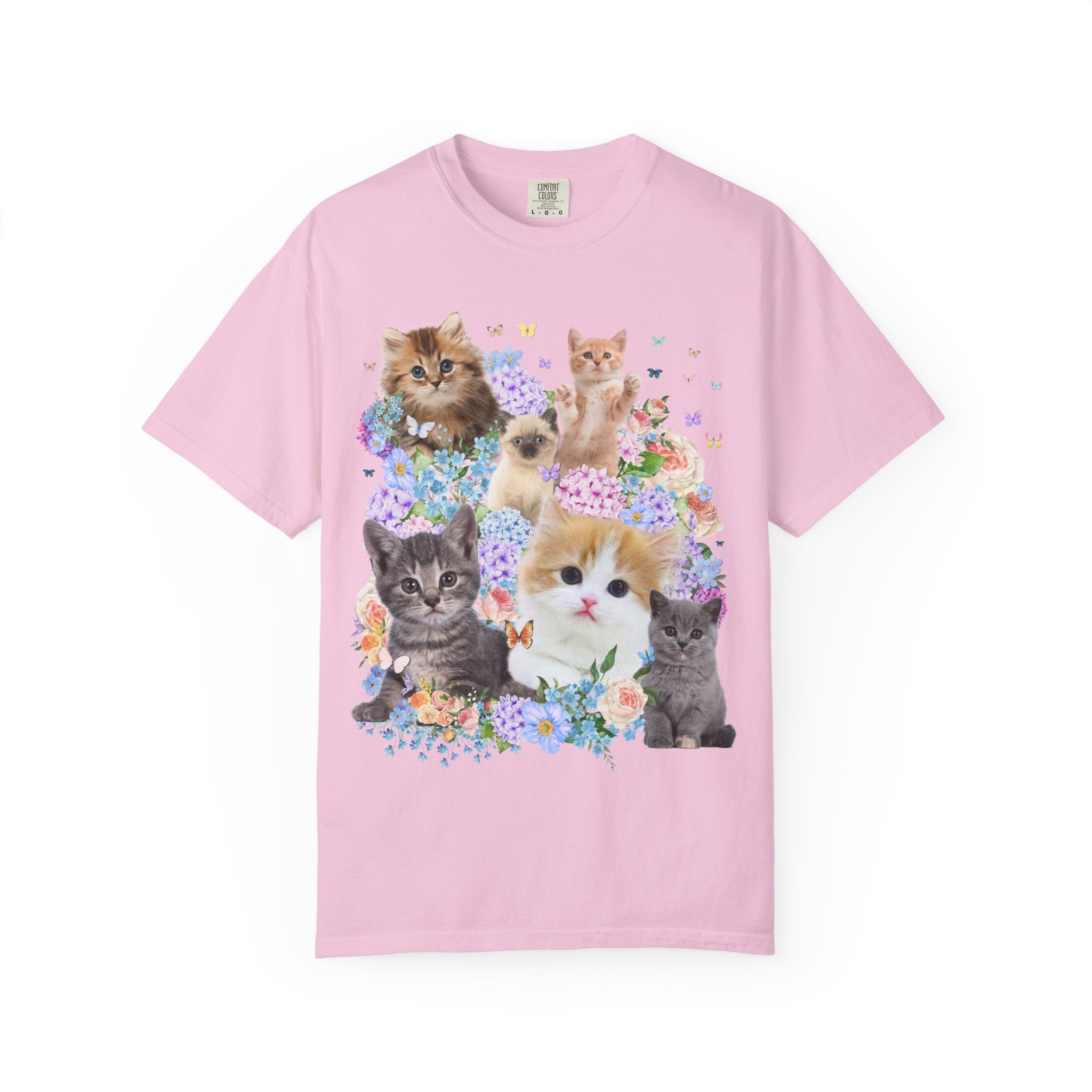 Cat Lover Tee Shirt with Hydrangea Flowers and Butterflies, Funny Nineties Throwback T-Shirt for Cat Mom or Cat Dad, Silly Animal Lover Tee - Opal and June