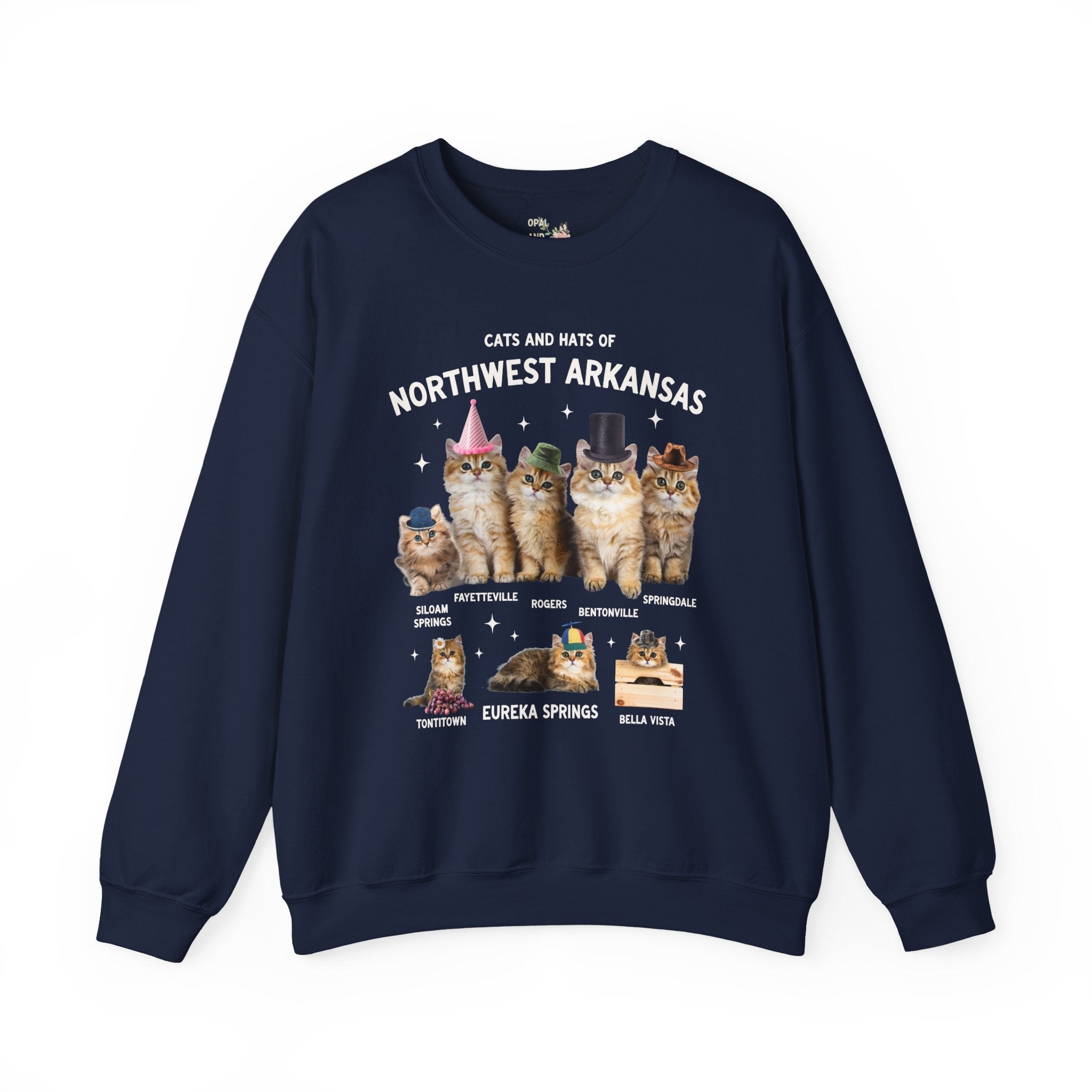 Cats and Hats of Northwest Arkansas: Funny Dreamcore Cat Sweatshirt for Friend Living in Northwest Arkansas, Fayetteville Bentonville Rogers Eureka Springs Crewneck - Opal and June