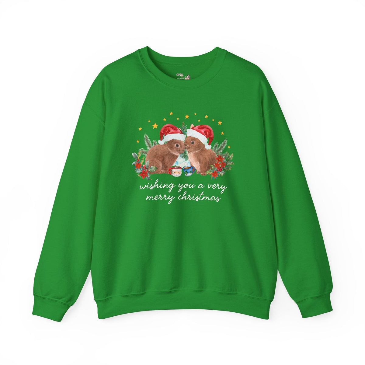 Christmas Animal Lover Swaetshirt with Bunnies Wearing Santa Hats: Wishing You a Very Merry Christmas Kitschy Holiday Crewneck for Zookeeper - Opal and June