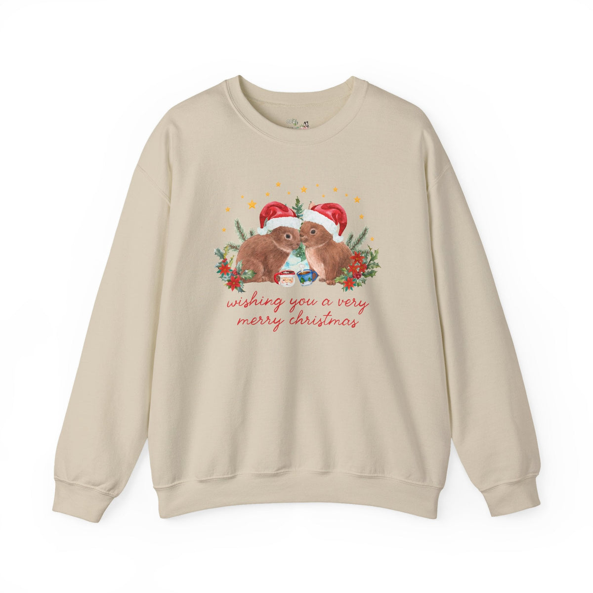 Christmas Animal Lover Swaetshirt with Bunnies Wearing Santa Hats: Wishing You a Very Merry Christmas Kitschy Holiday Crewneck for Zookeeper - Opal and June