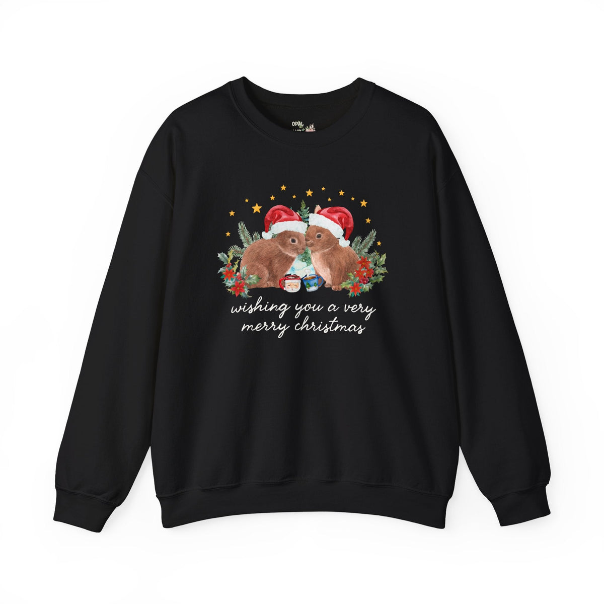 Christmas Animal Lover Swaetshirt with Bunnies Wearing Santa Hats: Wishing You a Very Merry Christmas Kitschy Holiday Crewneck for Zookeeper - Opal and June