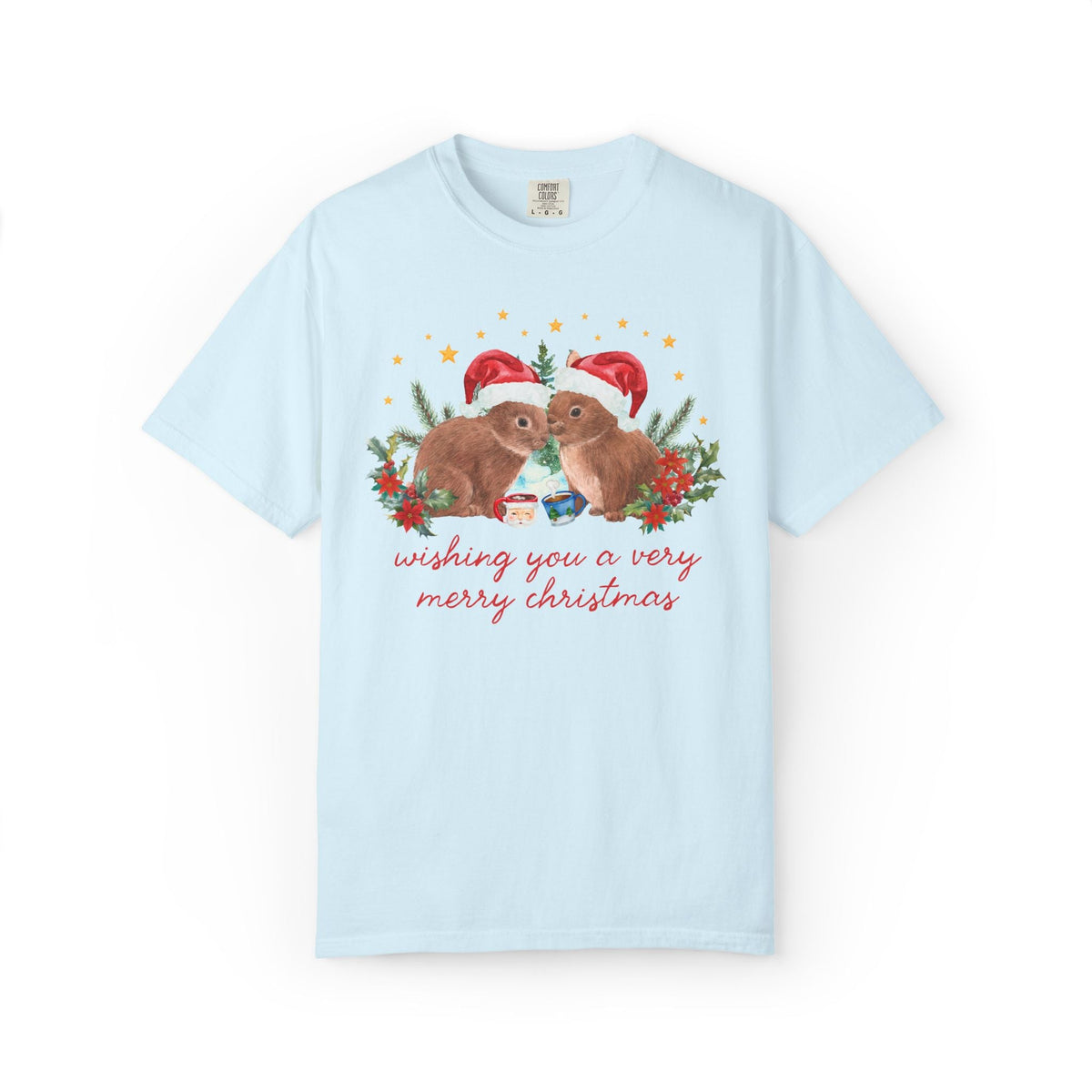 Christmas Animal Lover Tee Shirt with Bunnies Wearing Santa Hats: Wishing You a Very Merry Christmas Kitschy Holiday T-Shirt for Zookeeper - Opal and June