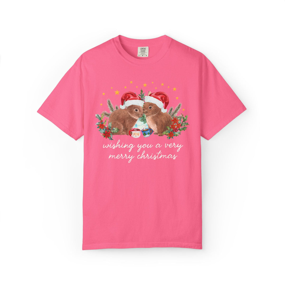 Christmas Animal Lover Tee Shirt with Bunnies Wearing Santa Hats: Wishing You a Very Merry Christmas Kitschy Holiday T-Shirt for Zookeeper - Opal and June