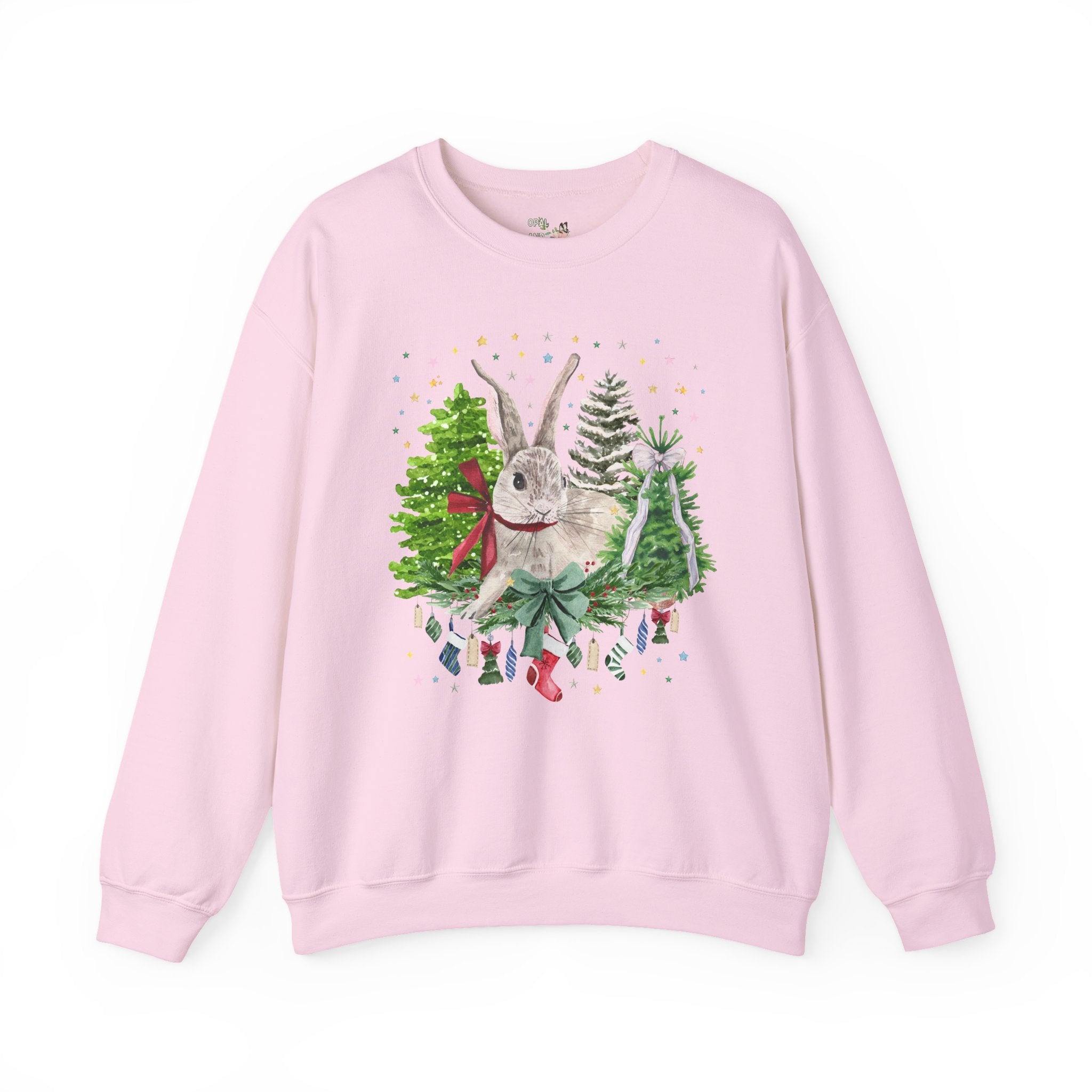 Christmas Bunny Animal Lover Sweatshirt: 90s Aesthetic Watercolor Goblincore Bunny Surrounded by Christmas Trees and Xmas Stockings with Bow - Opal and June