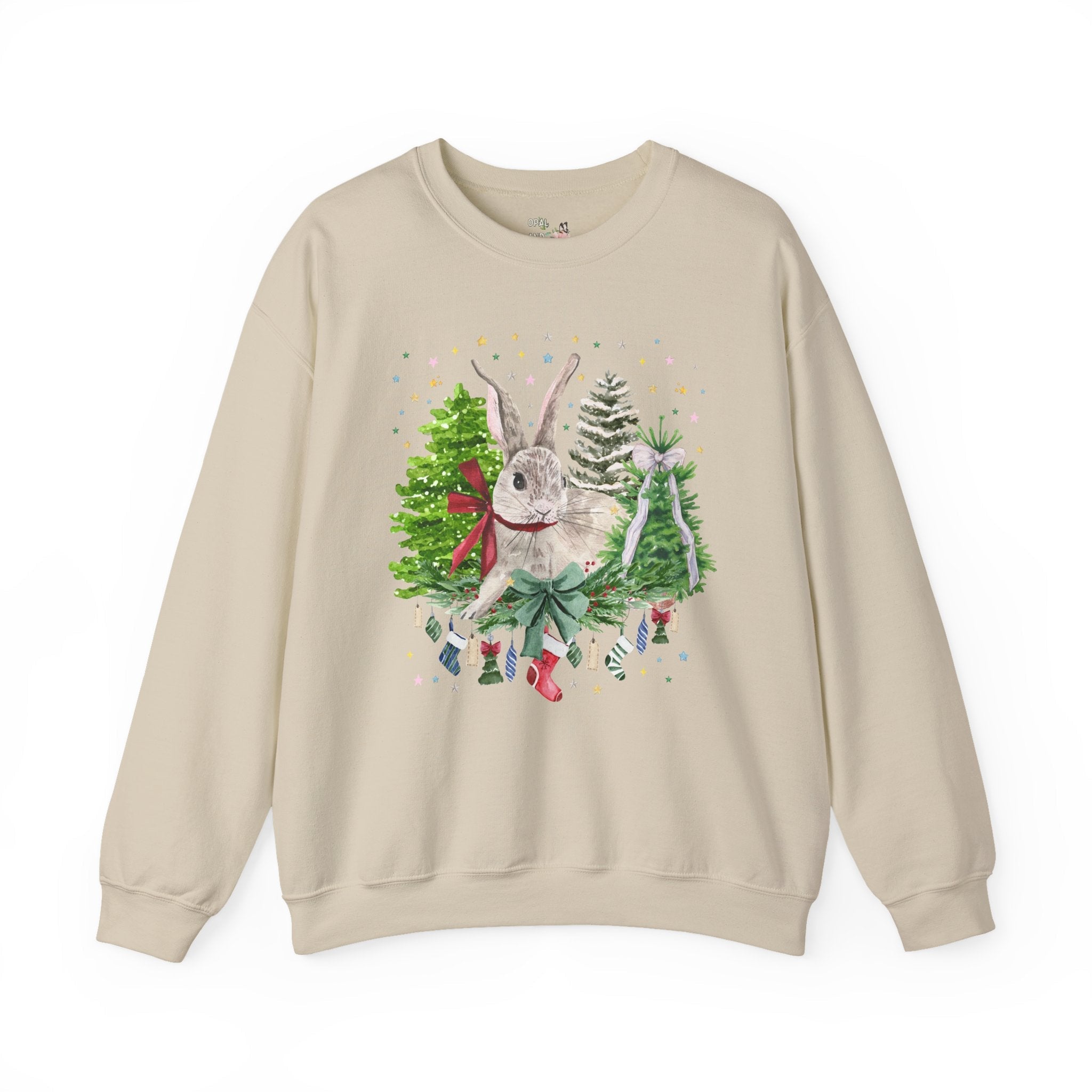 Christmas Bunny Animal Lover Sweatshirt: 90s Aesthetic Watercolor Goblincore Bunny Surrounded by Christmas Trees and Xmas Stockings with Bow - Opal and June
