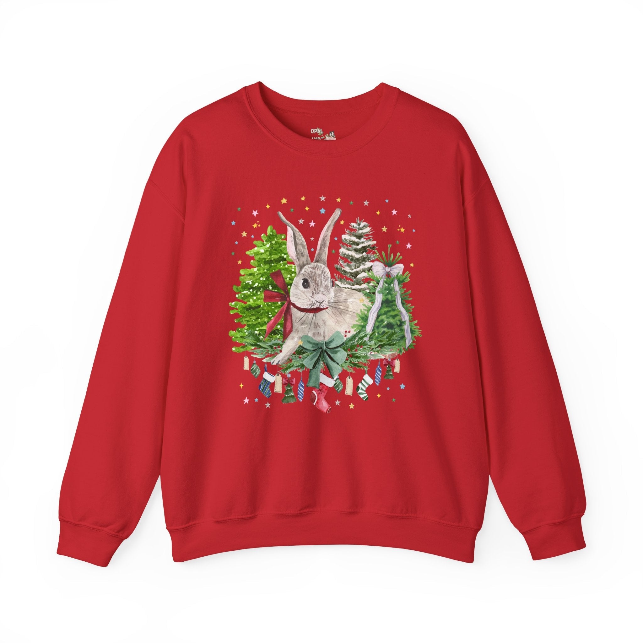 Christmas Bunny Animal Lover Sweatshirt: 90s Aesthetic Watercolor Goblincore Bunny Surrounded by Christmas Trees and Xmas Stockings with Bow - Opal and June