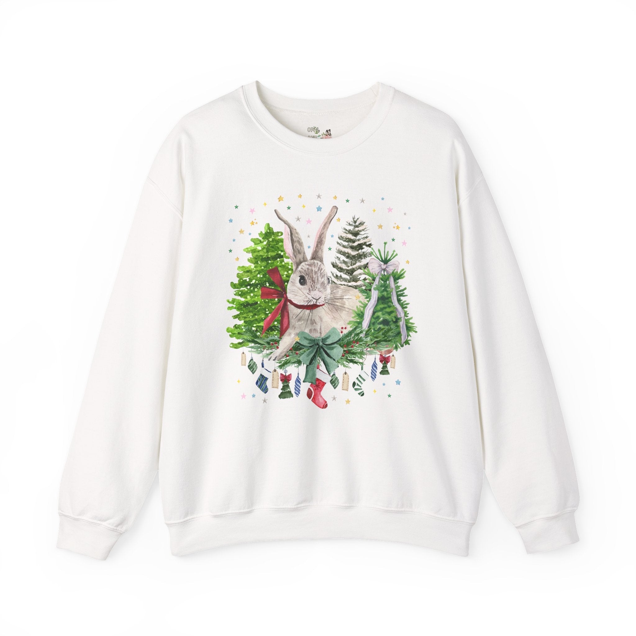 Christmas Bunny Animal Lover Sweatshirt: 90s Aesthetic Watercolor Goblincore Bunny Surrounded by Christmas Trees and Xmas Stockings with Bow - Opal and June