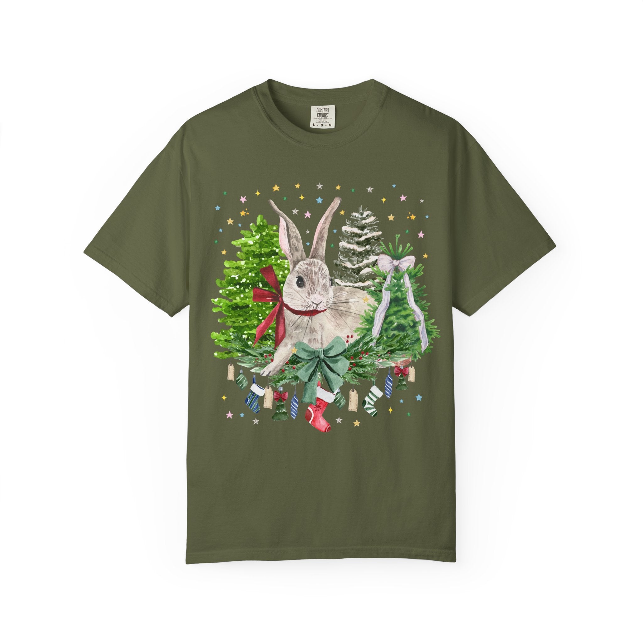Christmas Bunny Animal Lover Tee Shirt: 90s Aesthetic Watercolor Goblincore Bunny Surrounded by Christmas Trees and Xmas Stockings with Bow - Opal and June