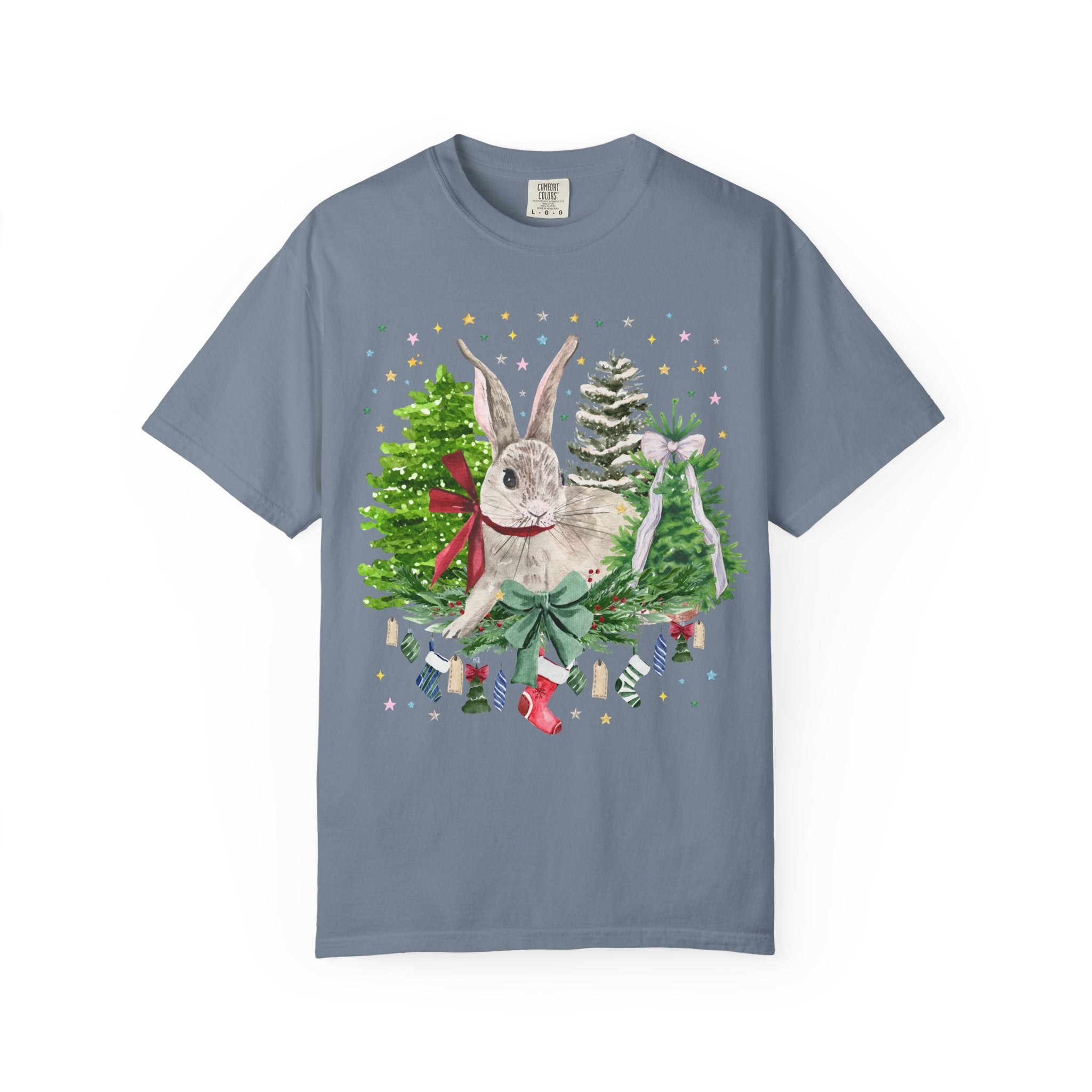 Christmas Bunny Animal Lover Tee Shirt: 90s Aesthetic Watercolor Goblincore Bunny Surrounded by Christmas Trees and Xmas Stockings with Bow - Opal and June