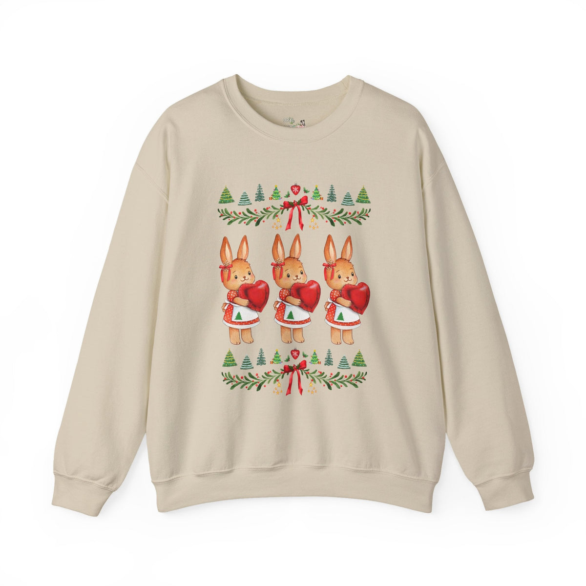 Christmas Bunny Holding a Heart Cottagecore Sweatshirt with Christmas Trees, Nostalgic Kitschy Xmas Crewneck for Animal Lover - Opal and June