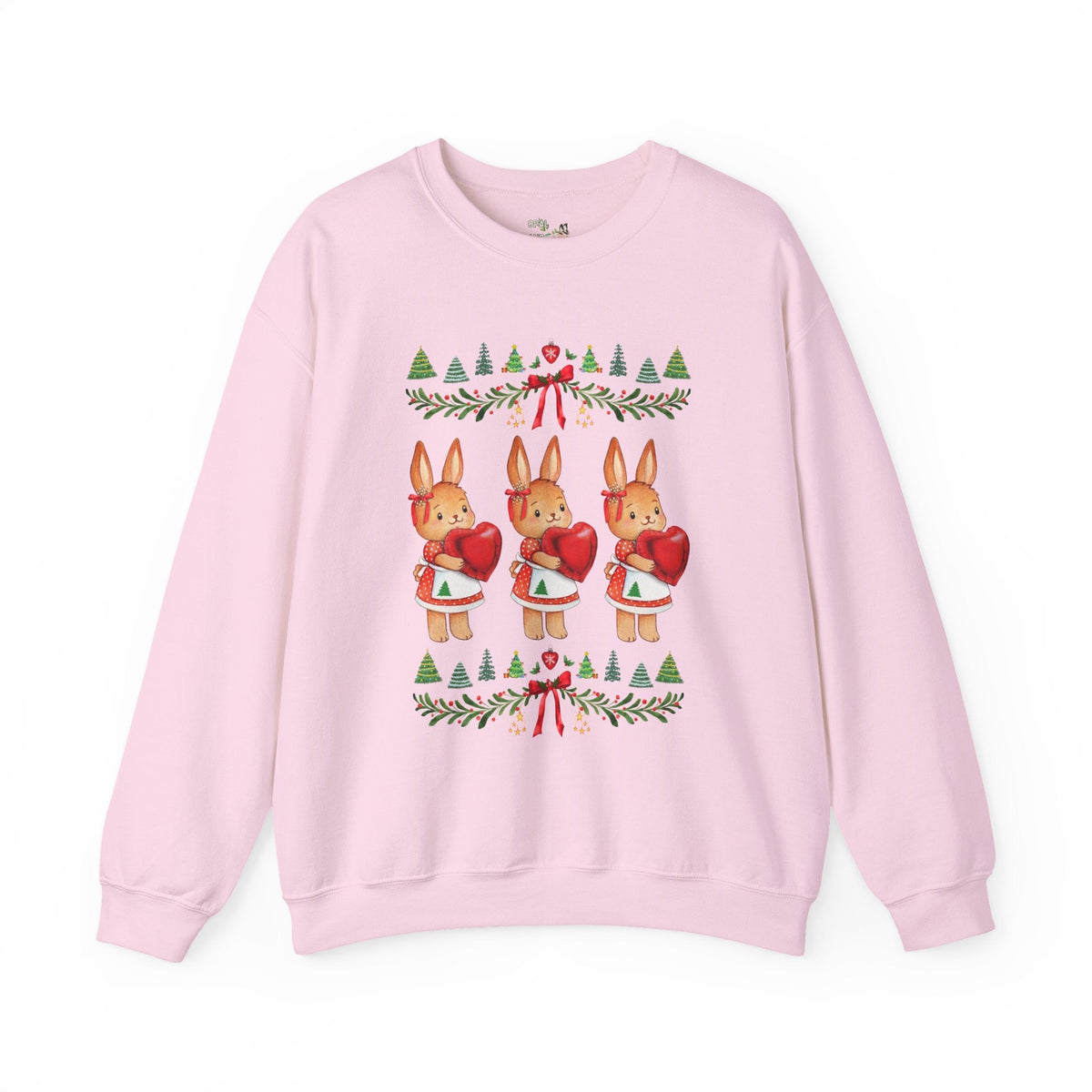 Christmas Bunny Holding a Heart Cottagecore Sweatshirt with Christmas Trees, Nostalgic Kitschy Xmas Crewneck for Animal Lover - Opal and June