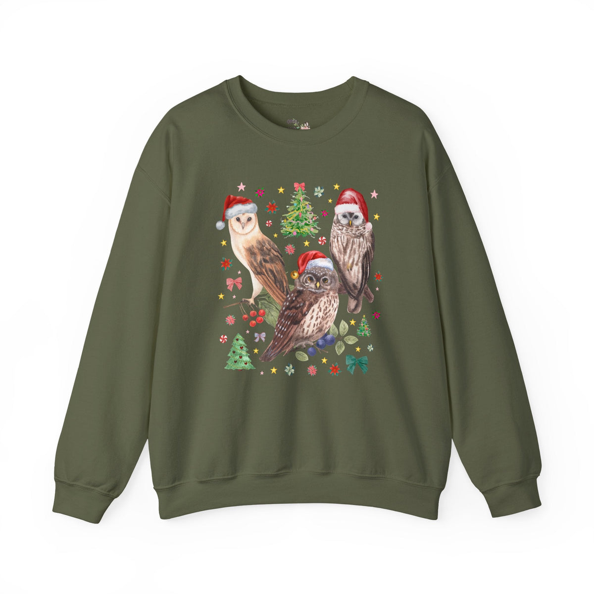 Christmas Owl Animal Lover Sweatshirt with Owls Wearing Santa Hats, Funny Nostalgic 90s Aesthetic Maximalist Crewneck, Bird Lover or Birdwatcher - Opal and June