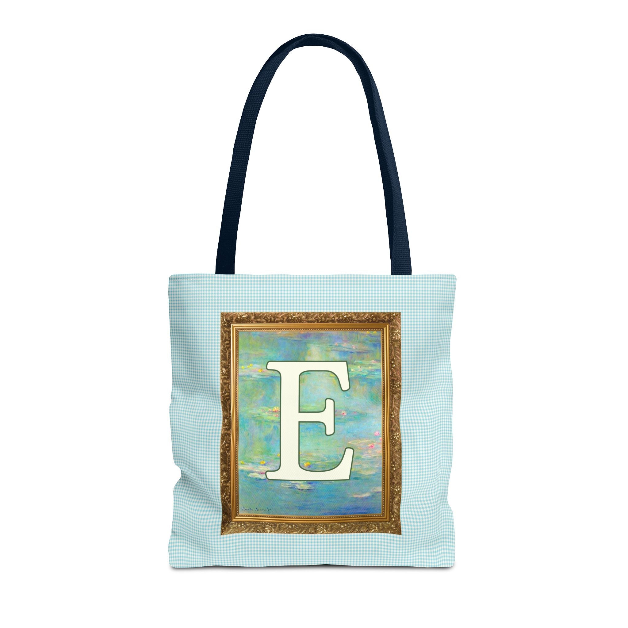Claude Monet Water Lily Tote Bag with Letter, Colorful Initial Tote Bag with Gingham and Vintage Aesthetic Toile: E - Opal and June