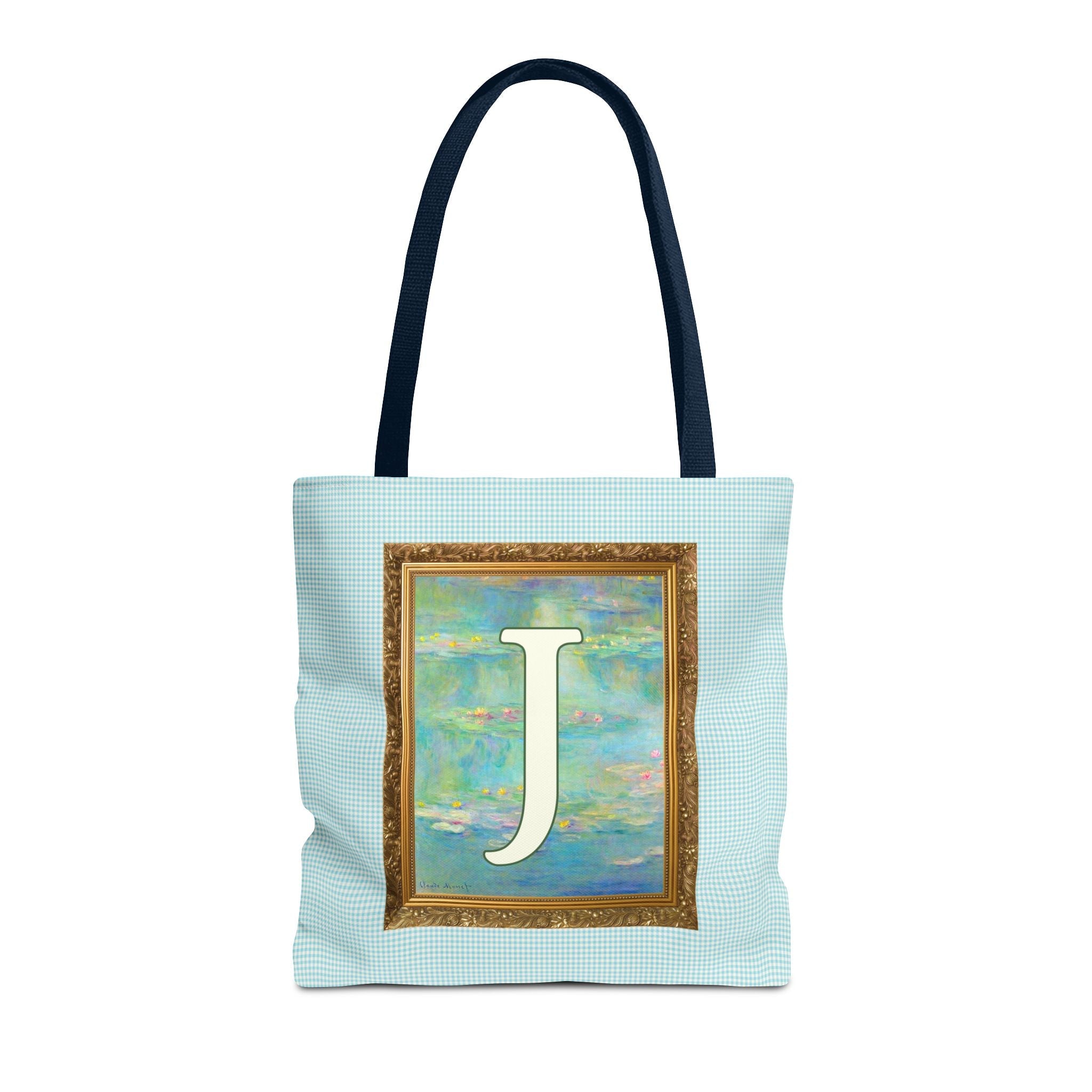 Claude Monet Water Lily Tote Bag with Letter, Colorful Initial Tote Bag with Gingham and Vintage Aesthetic Toile: J - Opal and June