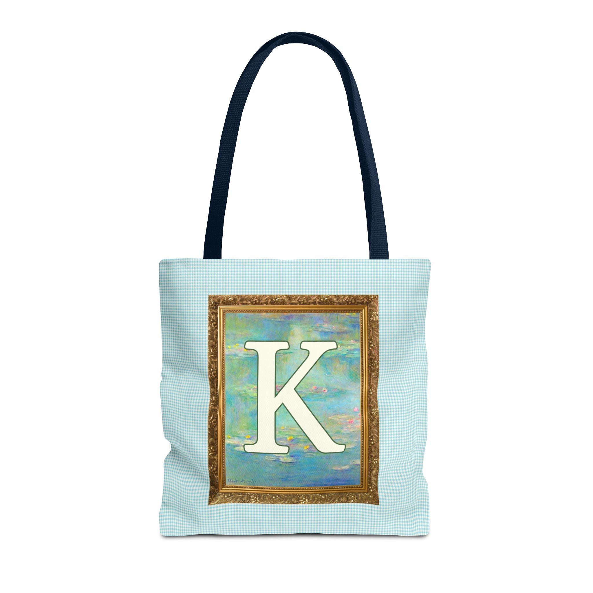 Claude Monet Water Lily Tote Bag with Letter, Colorful Initial Tote Bag with Gingham and Vintage Aesthetic Toile: K - Opal and June