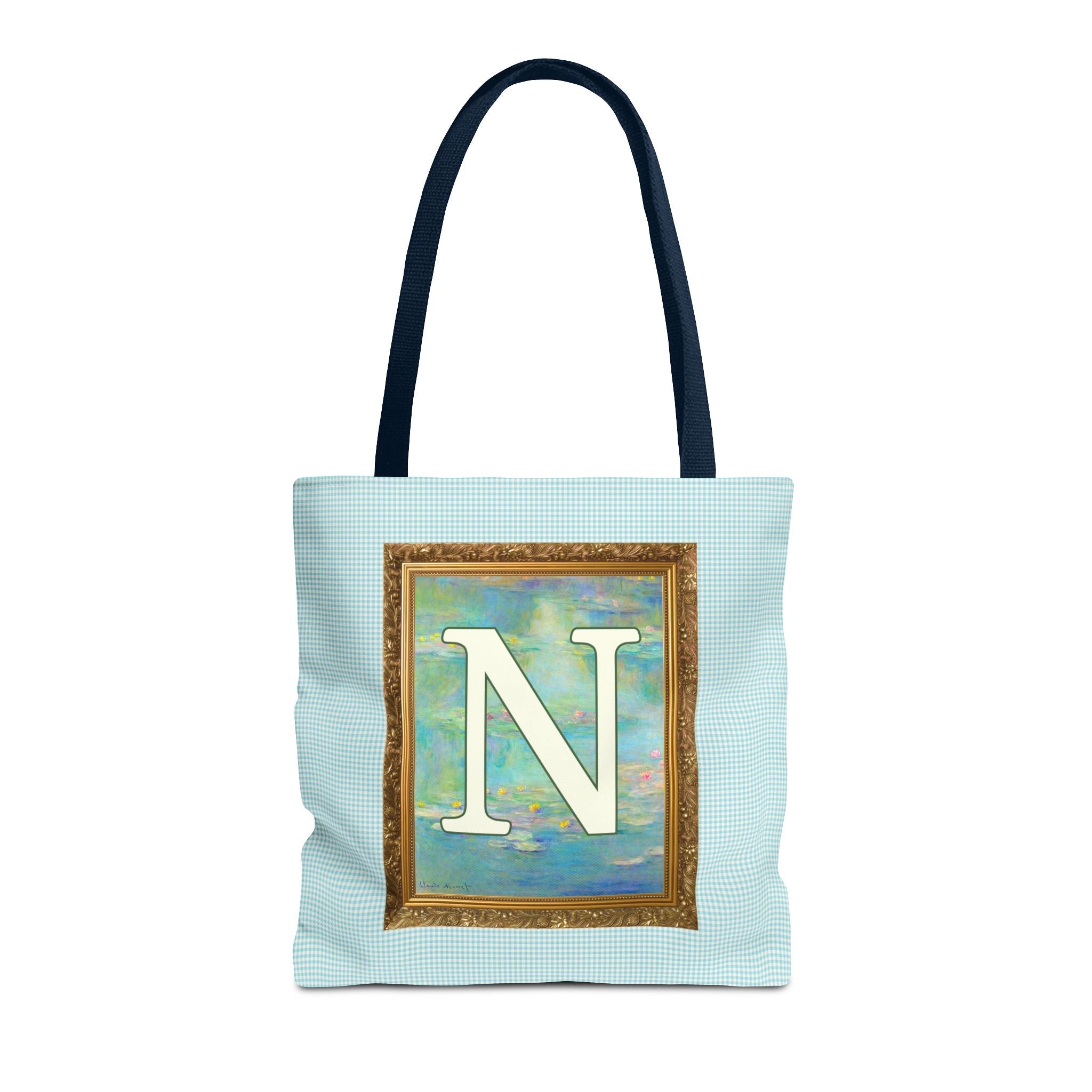 Claude Monet Water Lily Tote Bag with Letter, Colorful Initial Tote Bag with Gingham and Vintage Aesthetic Toile: N - Opal and June