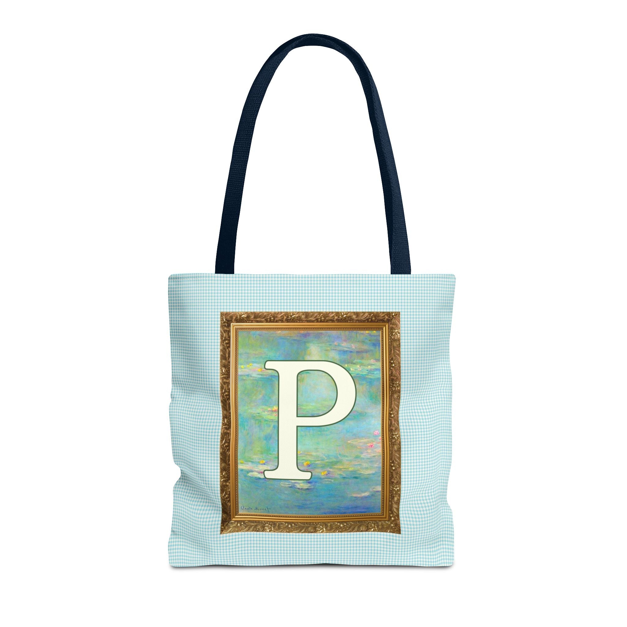 Claude Monet Water Lily Tote Bag with Letter, Colorful Initial Tote Bag with Gingham and Vintage Aesthetic Toile: P - Opal and June