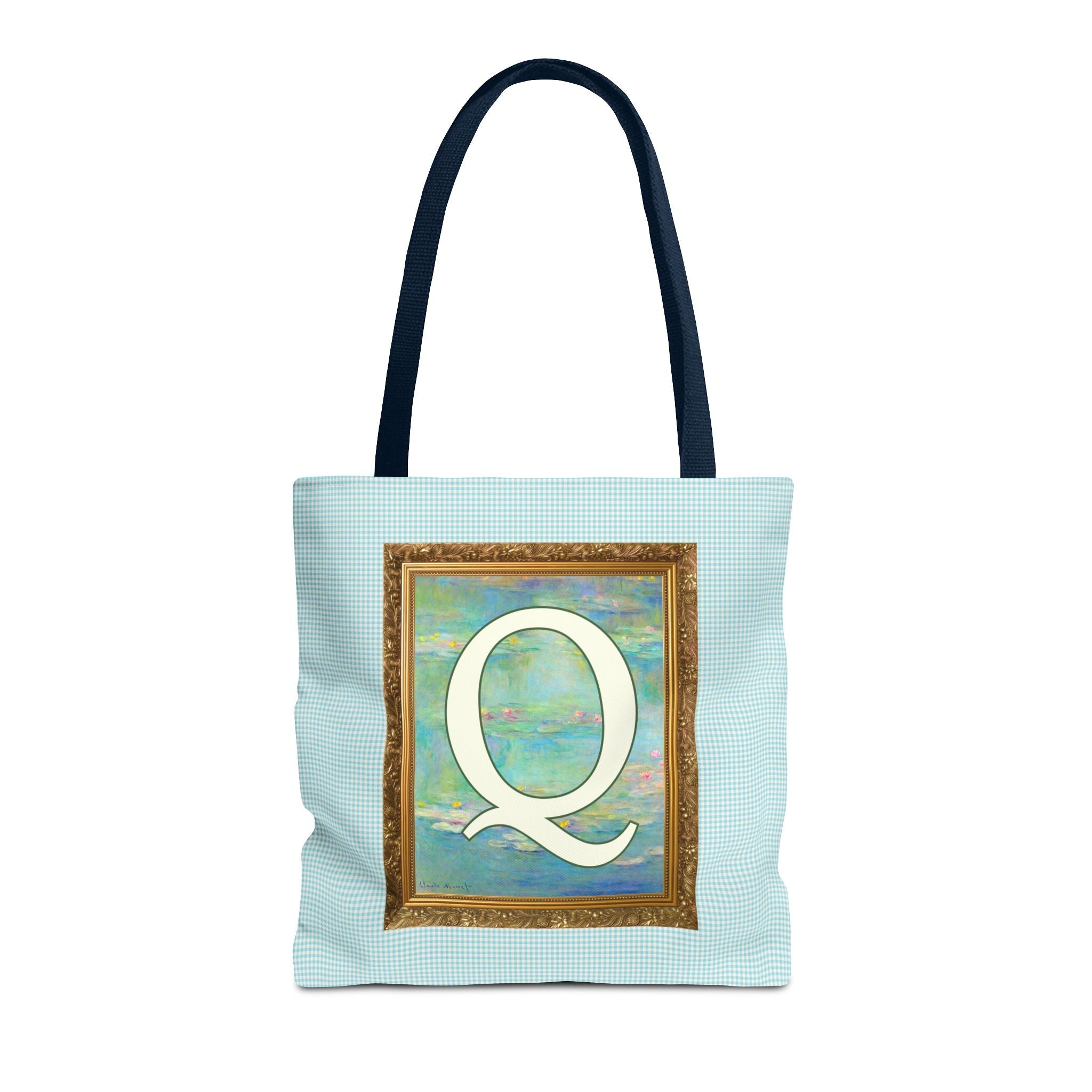 Claude Monet Water Lily Tote Bag with Letter, Colorful Initial Tote Bag with Gingham and Vintage Aesthetic Toile: Q - Opal and June