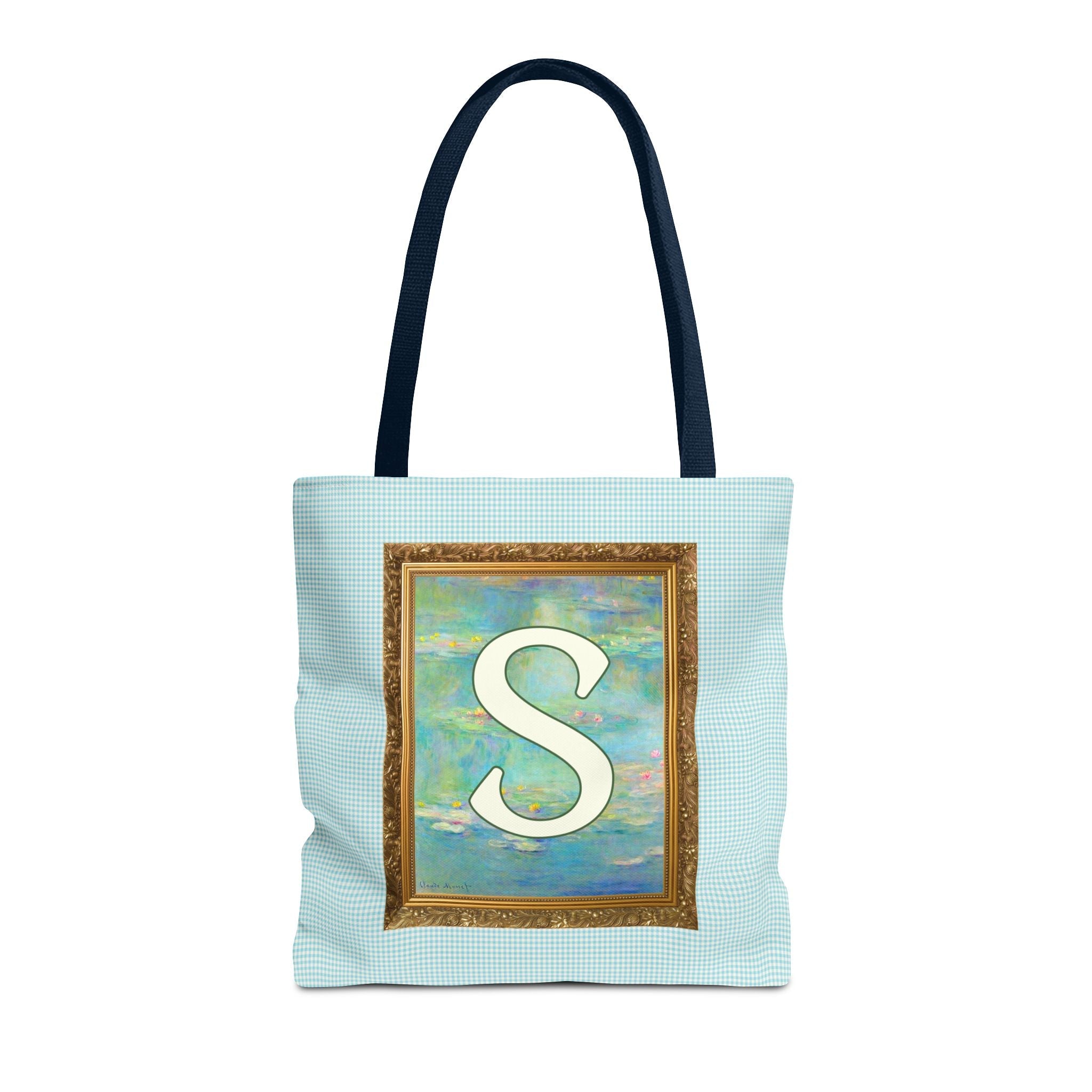 Claude Monet Water Lily Tote Bag with Letter, Colorful Initial Tote Bag with Gingham and Vintage Aesthetic Toile: S - Opal and June