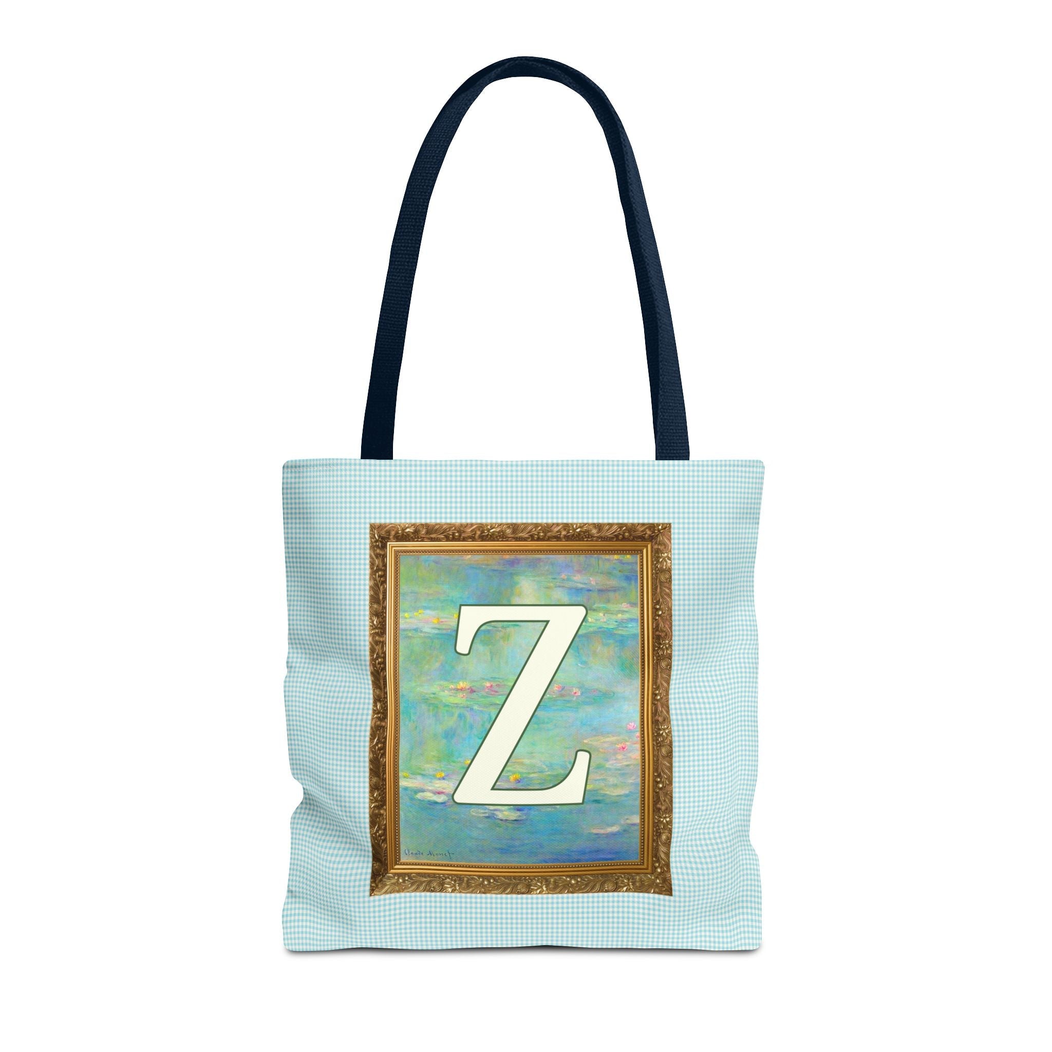 Claude Monet Water Lily Tote Bag with Letter, Colorful Initial Tote Bag with Gingham and Vintage Aesthetic Toile: Z - Opal and June
