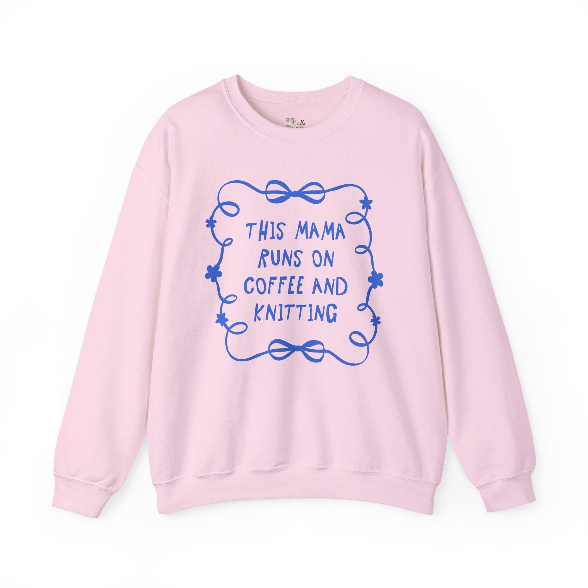 Coffee and Knitting Mother's Day Sweatshirt with Bows and Flowers, Present for Mom Who Loves Knitting, Cute Knitting Lover Shirt with Ribbon - Opal and June