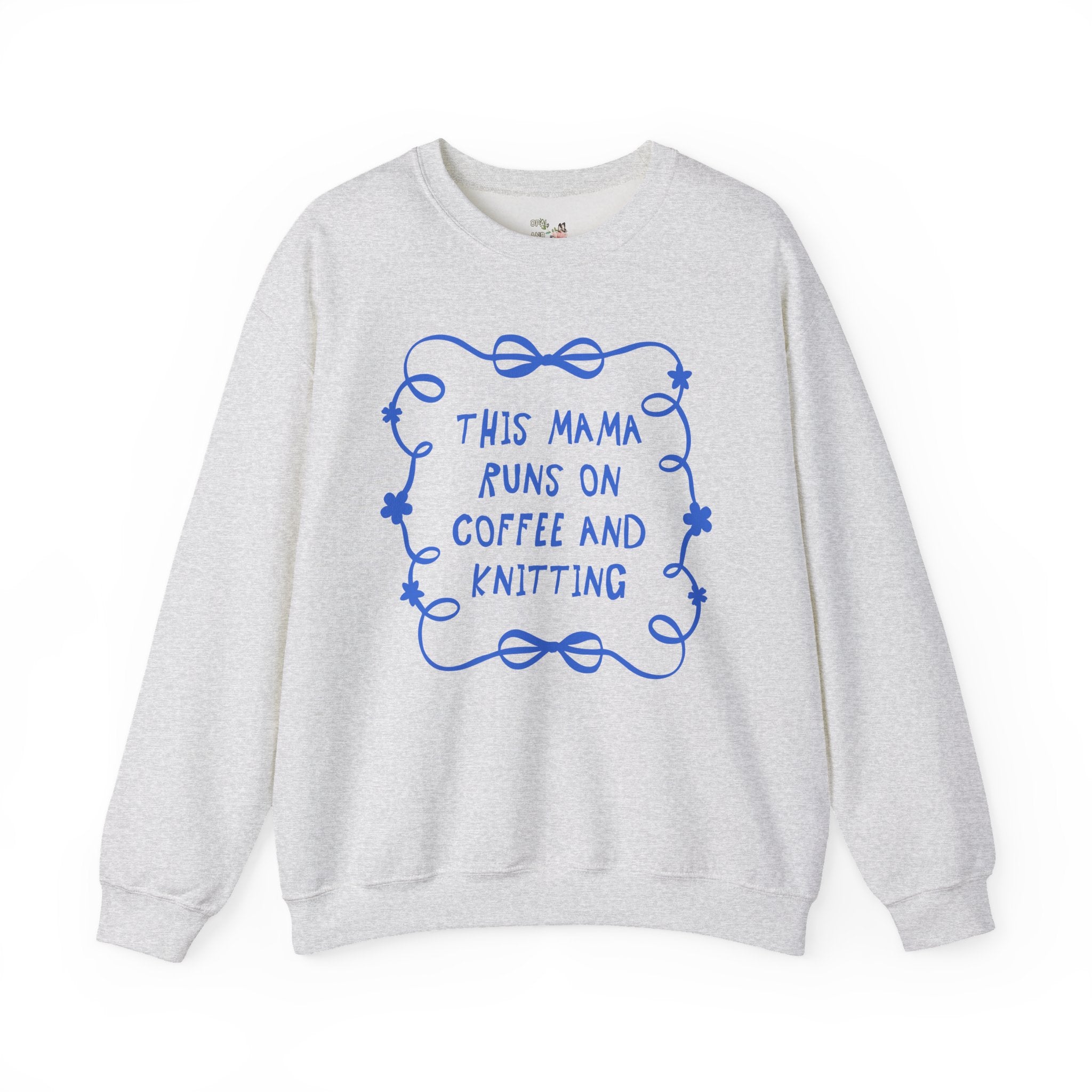 Coffee and Knitting Mother's Day Sweatshirt with Bows and Flowers, Present for Mom Who Loves Knitting, Cute Knitting Lover Shirt with Ribbon - Opal and June
