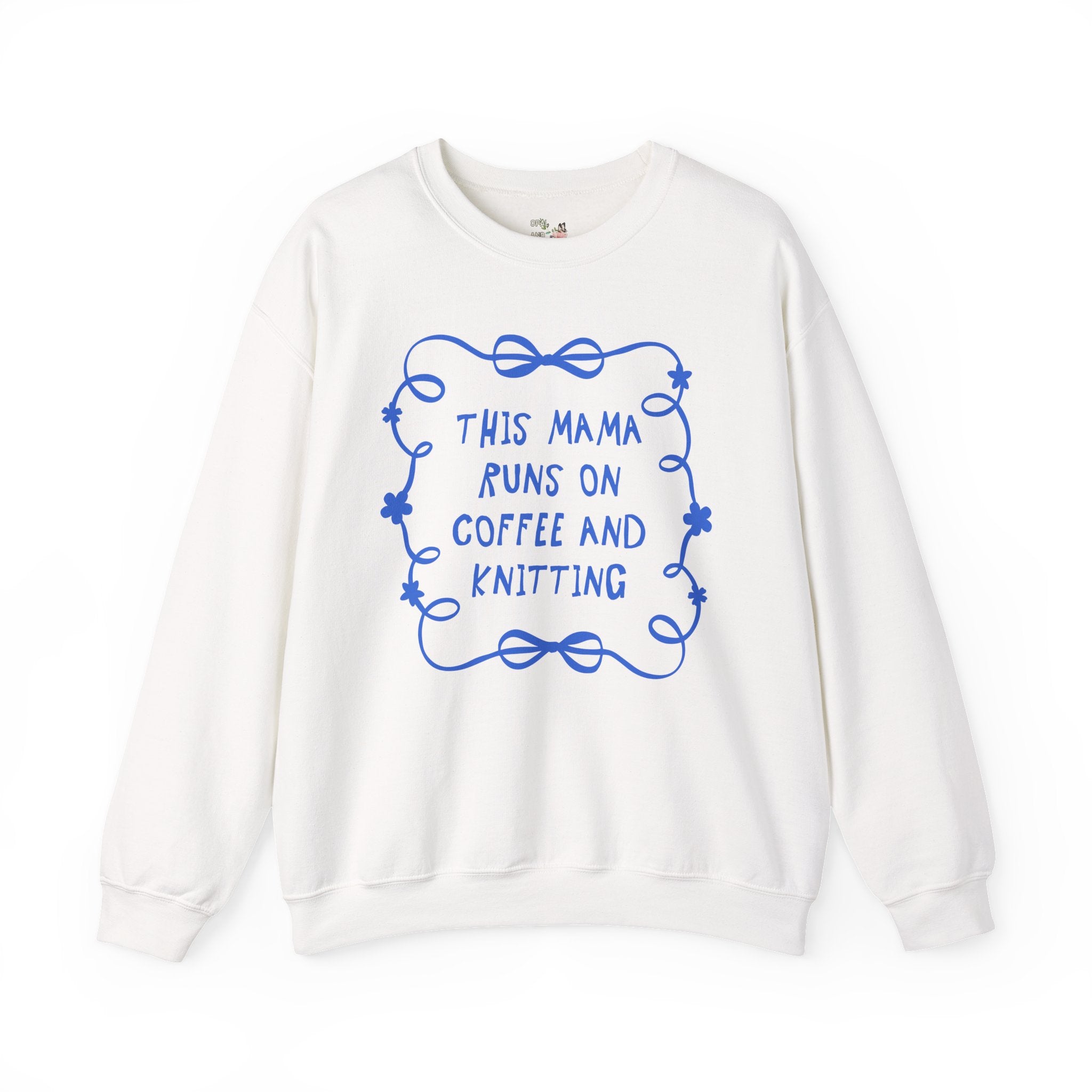 Coffee and Knitting Mother's Day Sweatshirt with Bows and Flowers, Present for Mom Who Loves Knitting, Cute Knitting Lover Shirt with Ribbon - Opal and June