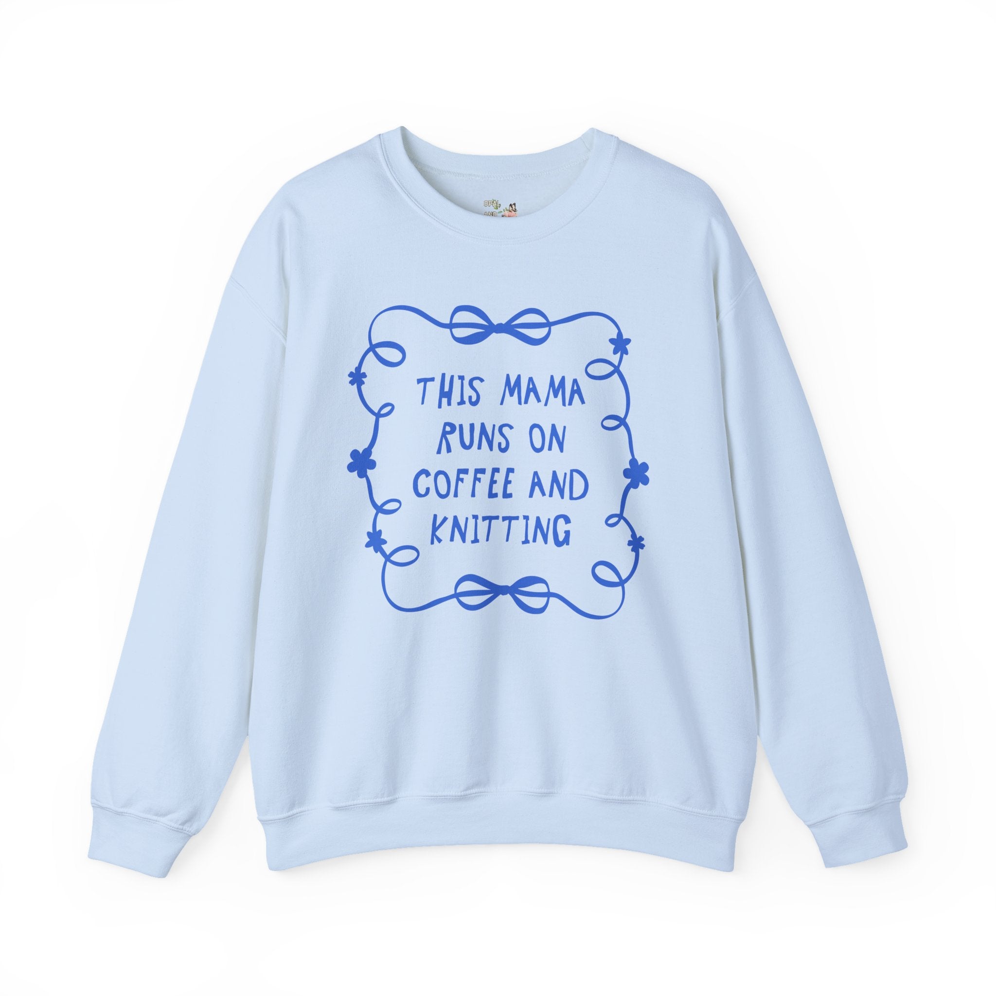 Coffee and Knitting Mother's Day Sweatshirt with Bows and Flowers, Present for Mom Who Loves Knitting, Cute Knitting Lover Shirt with Ribbon - Opal and June