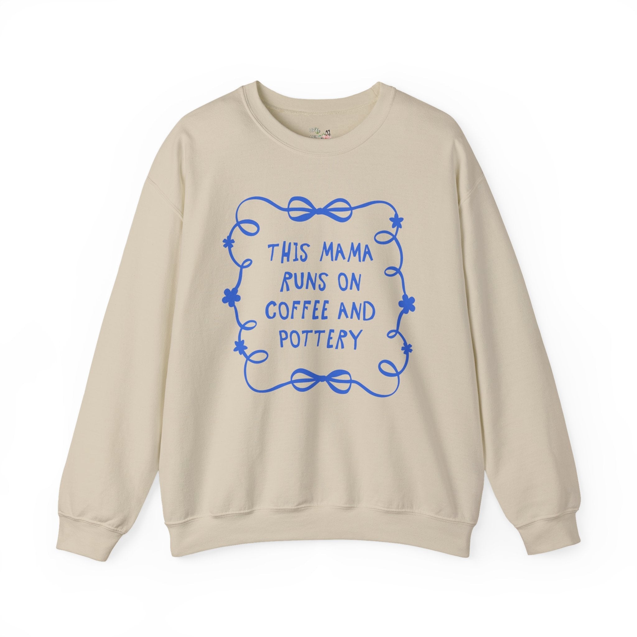Coffee and Pottery Mother's Day Sweatshirt with Bows and Flowers, Present for Mom Who Loves Pottery, Cute Ceramic Artist Shirt with Ribbon - Opal and June