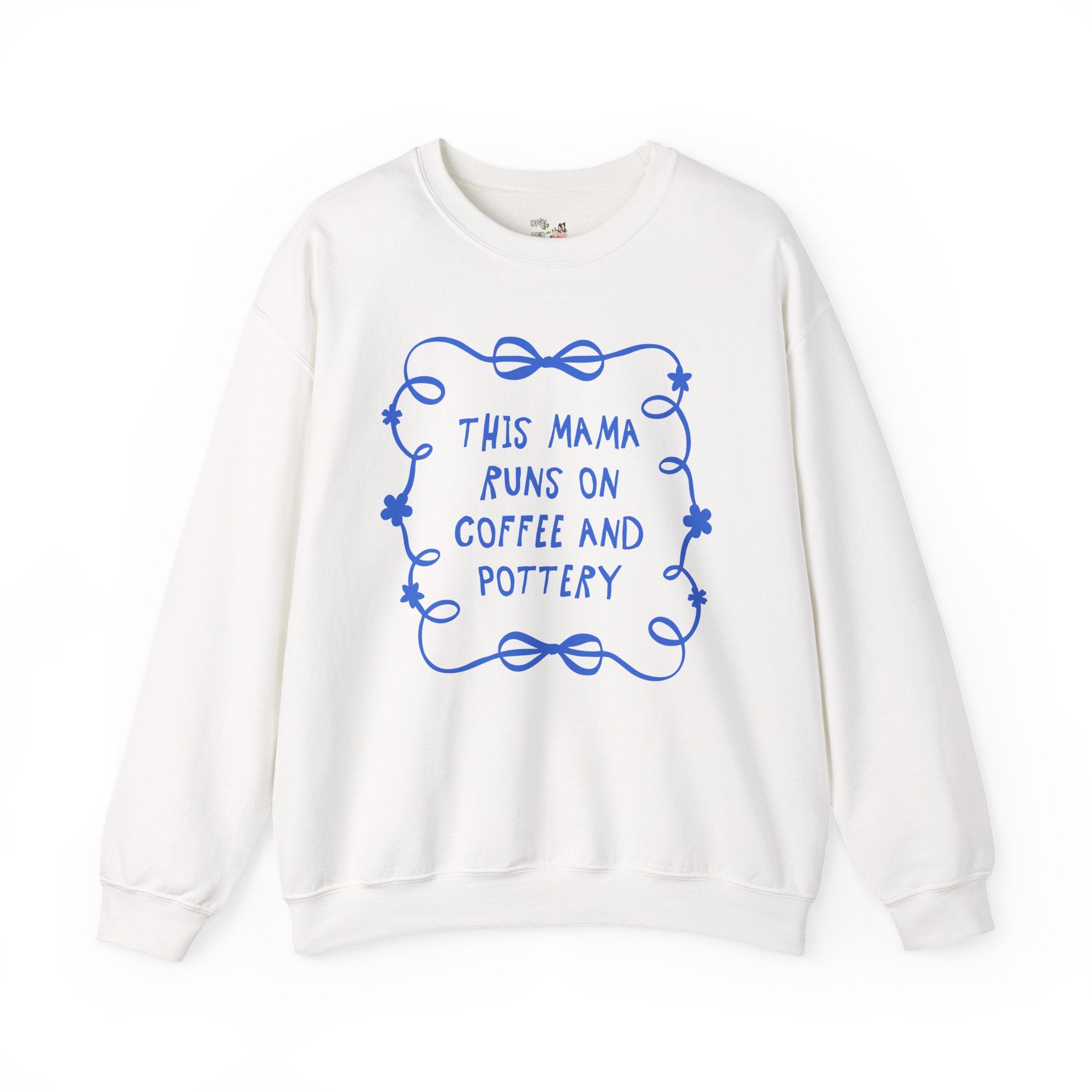 Coffee and Pottery Mother's Day Sweatshirt with Bows and Flowers, Present for Mom Who Loves Pottery, Cute Ceramic Artist Shirt with Ribbon - Opal and June