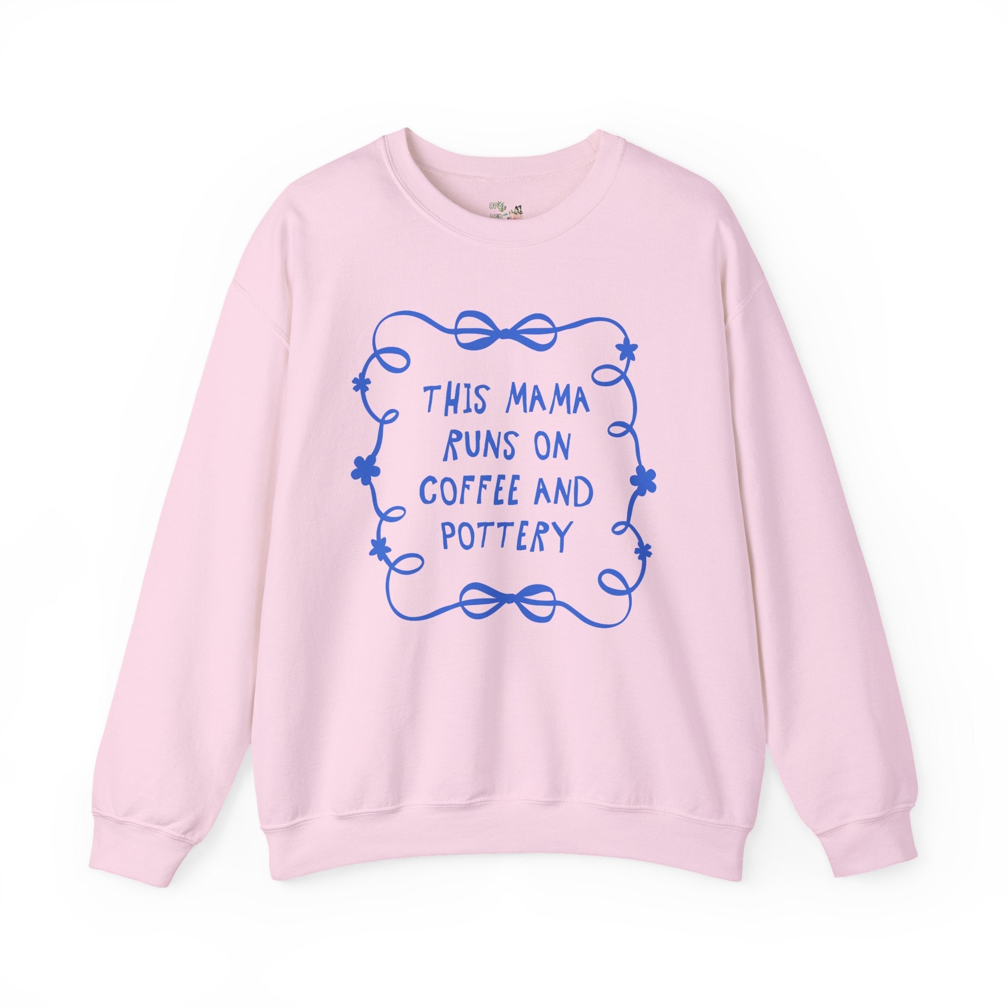 Coffee and Pottery Mother's Day Sweatshirt with Bows and Flowers, Present for Mom Who Loves Pottery, Cute Ceramic Artist Shirt with Ribbon - Opal and June