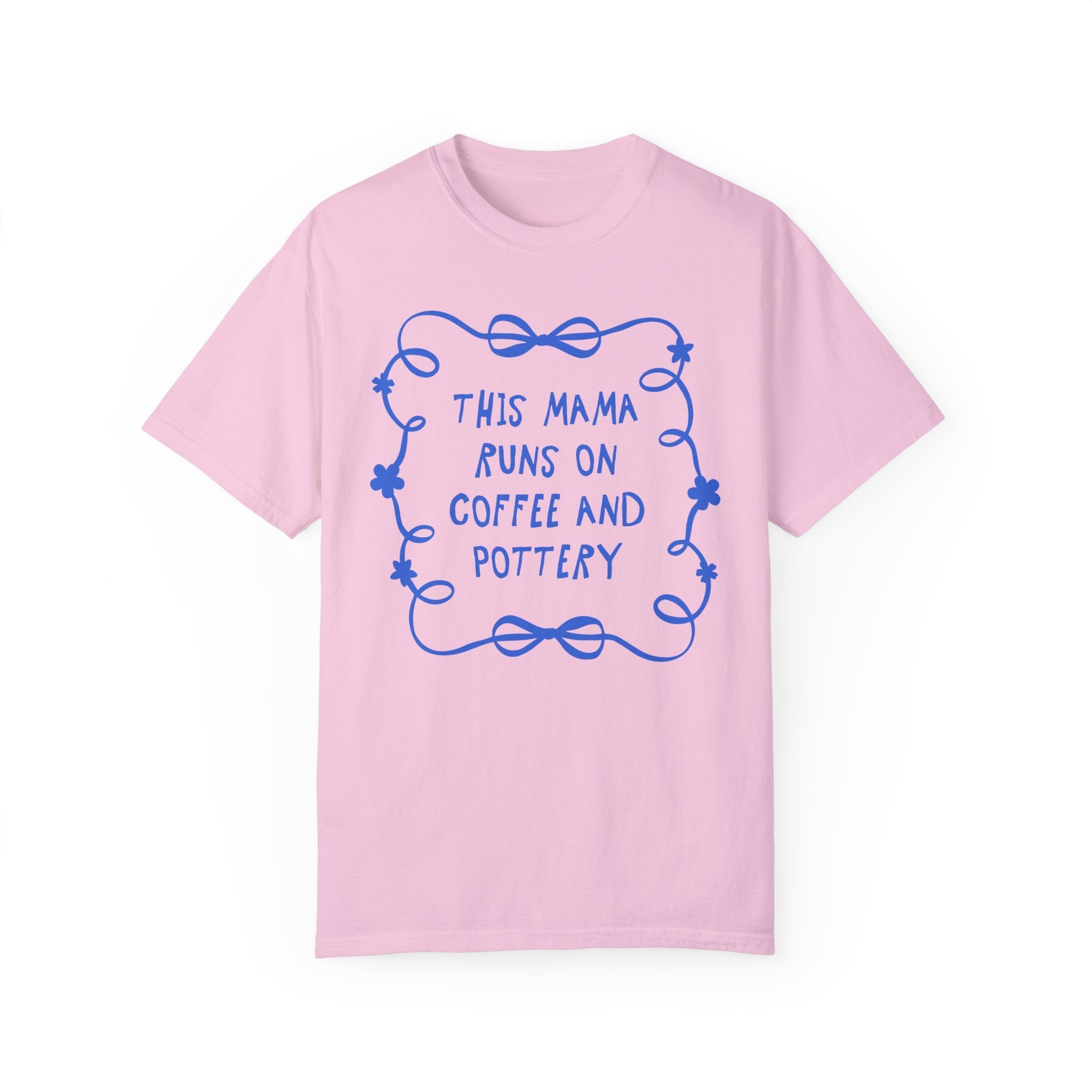 Coffee and Pottery Mother's Day Tee Shirt with Bows and Flowers, Present for Mom Who Loves Pottery, Cute Ceramic Artist T-Shirt with Ribbon - Opal and June