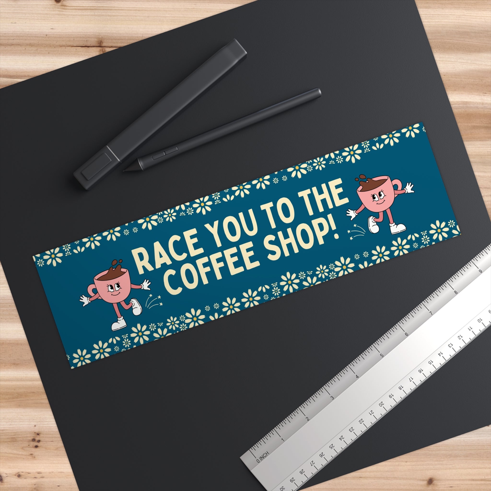 Coffee Lover Bumper Sticker with Flowers: Race You To The Coffee Shop! Funny Saying Coffee Bumper Sticker for Mom, Cute New Driver Present - Opal and June