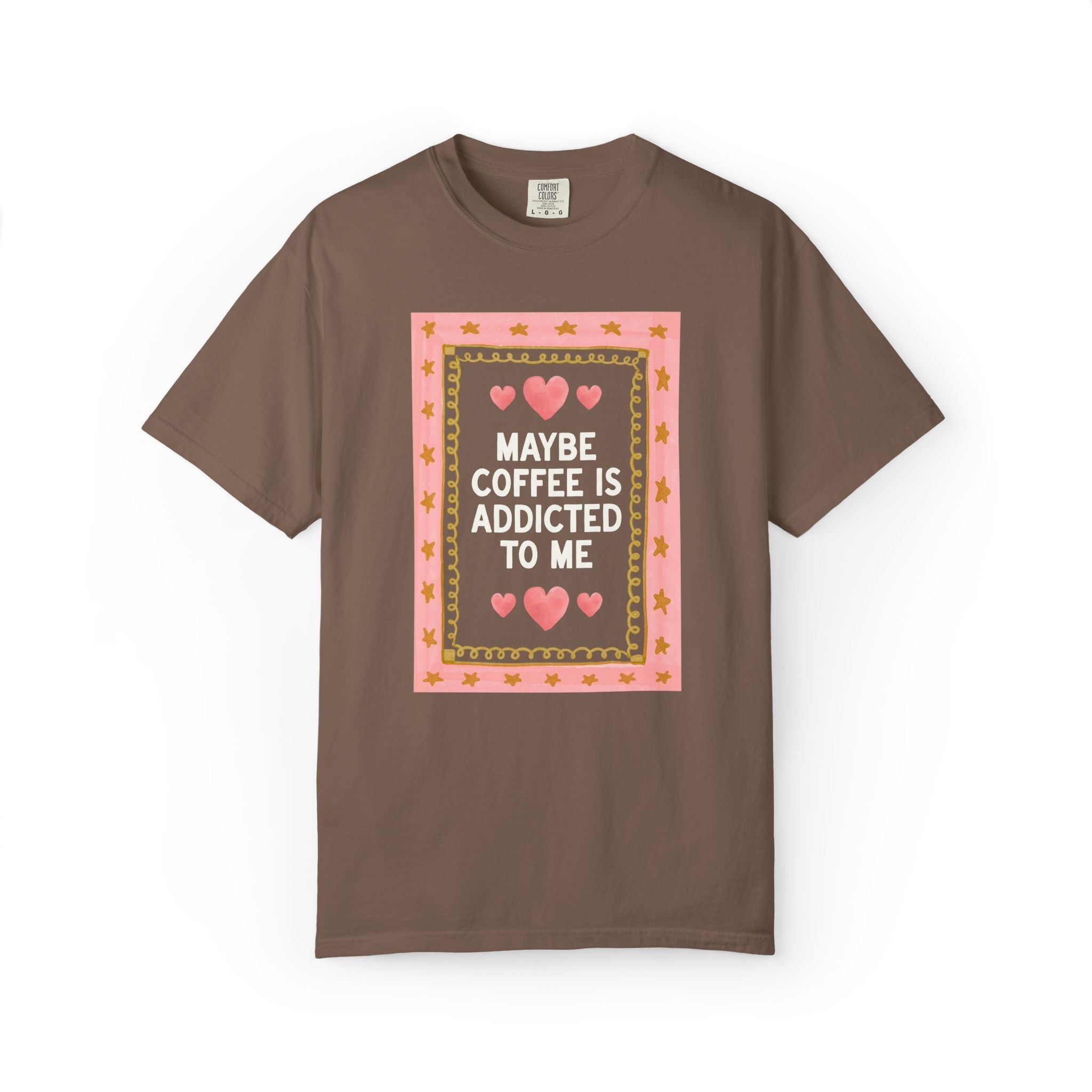 Coffee Lover Tee Shirt with Cutecore Soft Girl Style: Maybe Coffee is Addicted to Me, Silly Colorful Maximalist T-Shirt with Stars for Barista - Opal and June